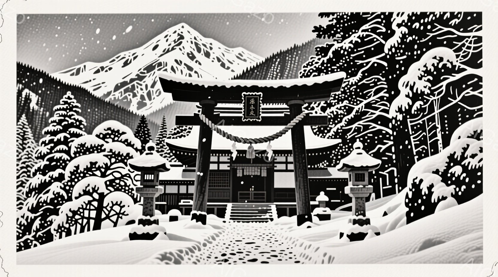 雪景色の中に、厳かな神社が描かれています。石段の両脇には雪を抱えた松の木が立ち並び、神社の屋根には雪が降り積もっています。背景には雪をまとった山々がそびえ立ち、静寂で神聖な雰囲気が漂っています。 - AI生成フリー素材