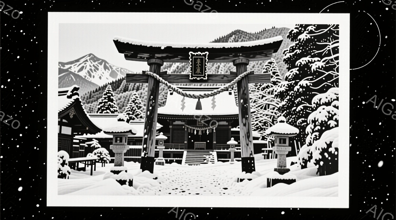 雪深い冬の風景が描かれており、鳥居と寺院が中央に位置しています。 周囲は雪に覆われた木々で囲まれ、背景には雪山がそびえ立っています。 全体的に静寂で厳かな雰囲気が漂い、冬の寒さと神聖さを感じさせます。