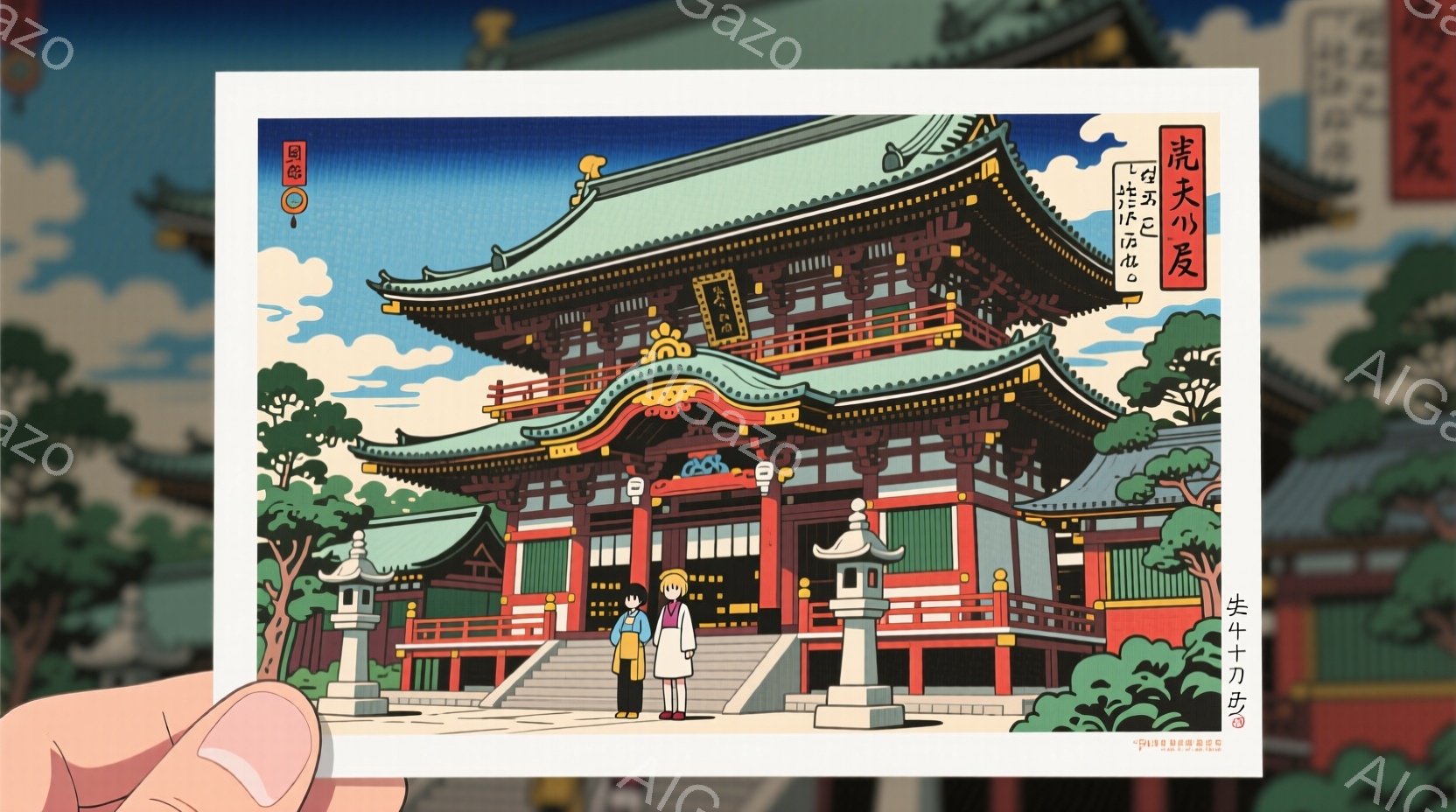 鮮やかな朱色の寺院が画面の中心に大きく描かれています。幼い女の子が、白とピンクの上下を着て、黒髪を後ろで一つに結び、寺院の石段の前で正面を向いて立っています。背景には緑豊かな木々や青空が広がり、晴れた - AI生成フリー素材