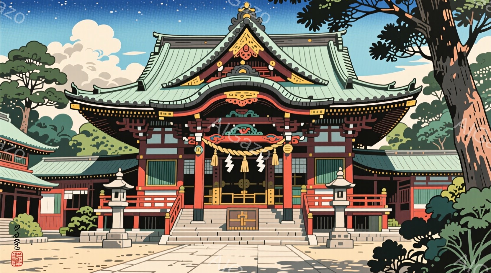 鮮やかな朱色の社殿が中央に位置し、周囲を緑豊かな木々に囲まれています。社殿は複雑な装飾が施され、伝統的な建築様式を反映しており、夜空の下、厳かで静謐な雰囲気を醸し出しています。石畳の参道と灯篭が社殿へと導き、全体的に和やかで落ち着いた印象を与えます。