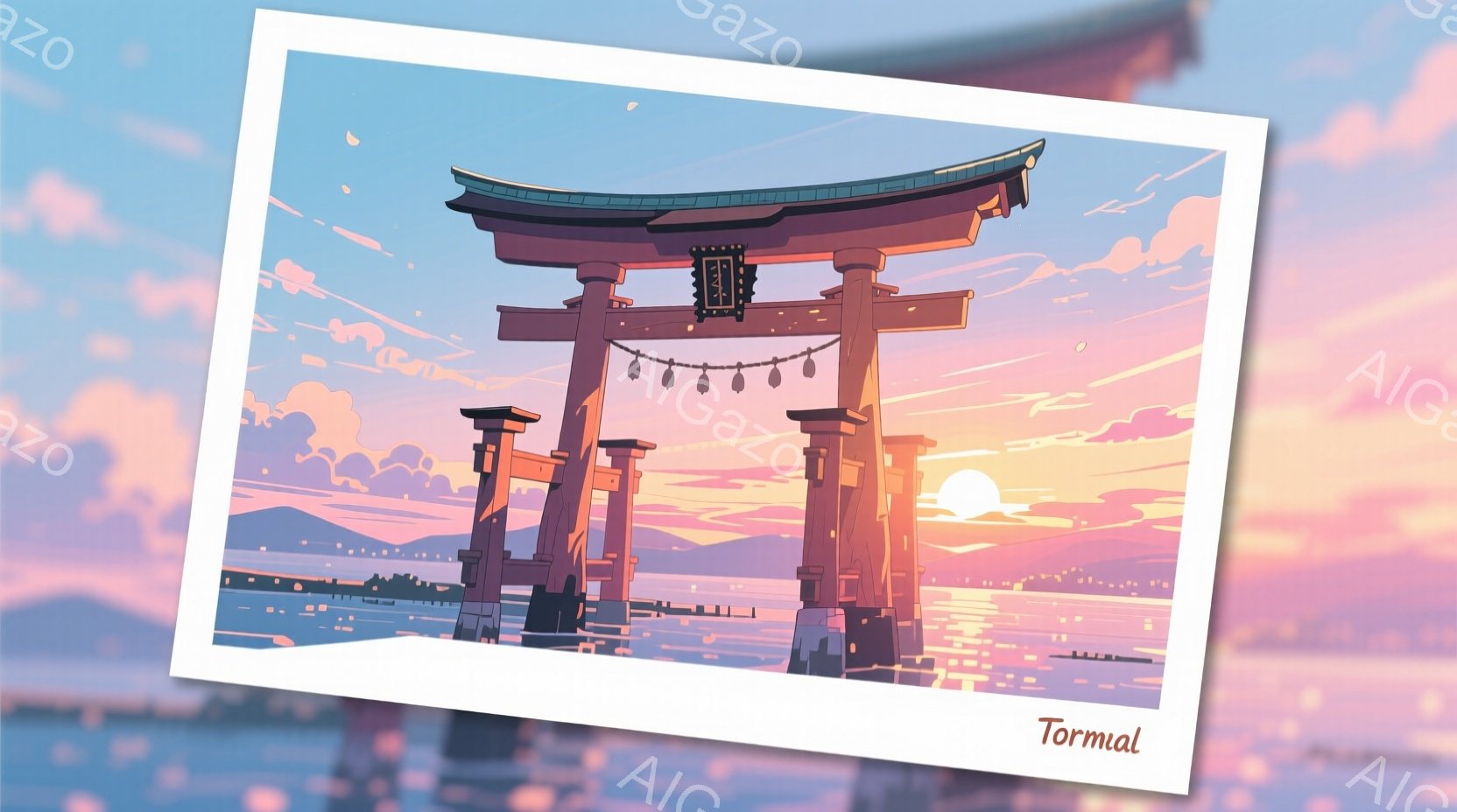 明るい夕焼けを背景に、海に浮かぶ鳥居が描かれている。鳥居は、柱が水中に浸かり、その上に簡素な屋根が乗っている。空はピンクとオレンジの色合いで美しく、穏やかな海の波が反射している。 - AI生成フリー素材