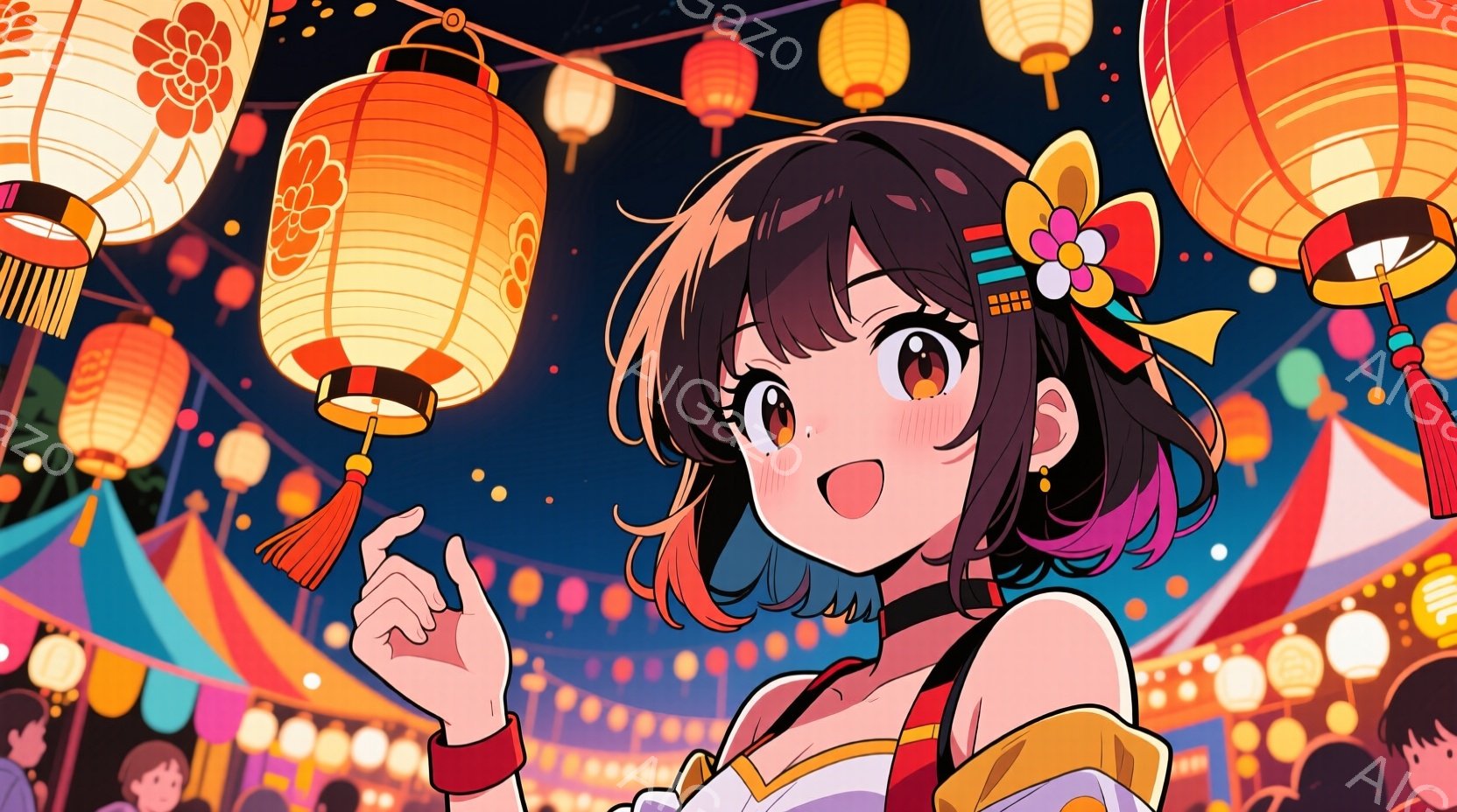 明るい笑顔を浮かべた少女が描かれています。彼女は肩出しの白い服に黄色いアクセントがあり、髪は茶色とピンクのグラデーションで、大きなリボンで飾られています。背景には提灯や屋台が並び、お祭りの賑やかな雰囲気が伝わってきます。