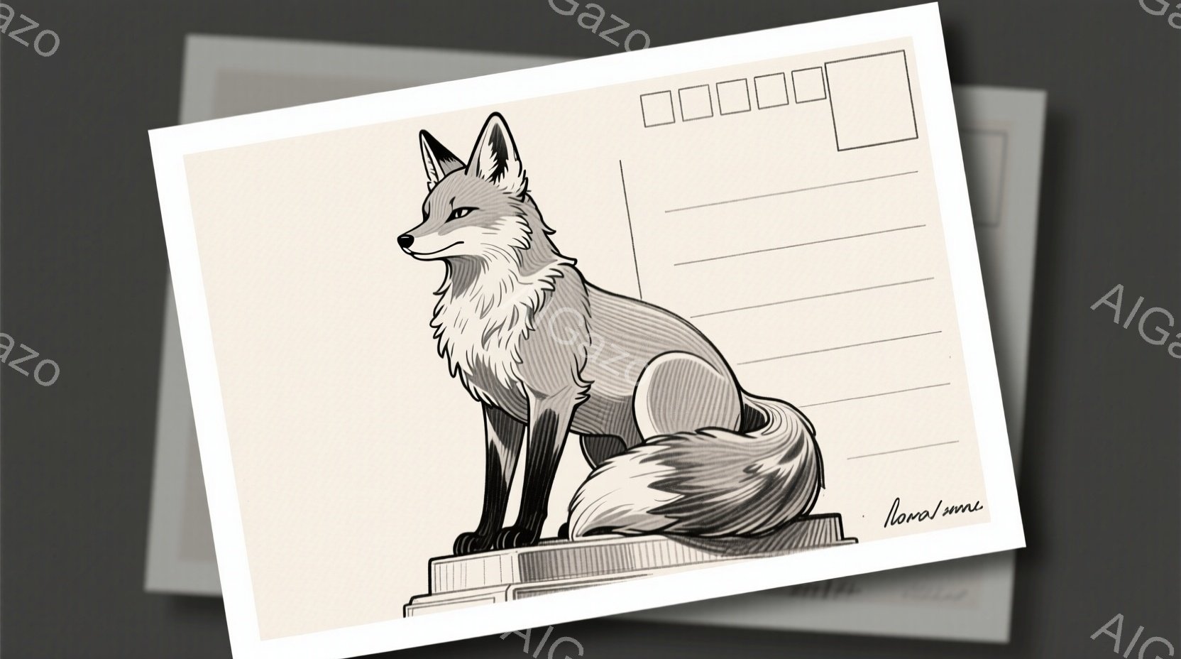 彫刻のようなキツネが、簡素な台座の上に座っている様子を描いています。キツネは毛並みが豊かで、鋭い眼差しで前を見つめており、威厳と静けさの両方を漂わせています。背景は白く、キツネの彫刻が際立っており、全 - AI生成フリー素材