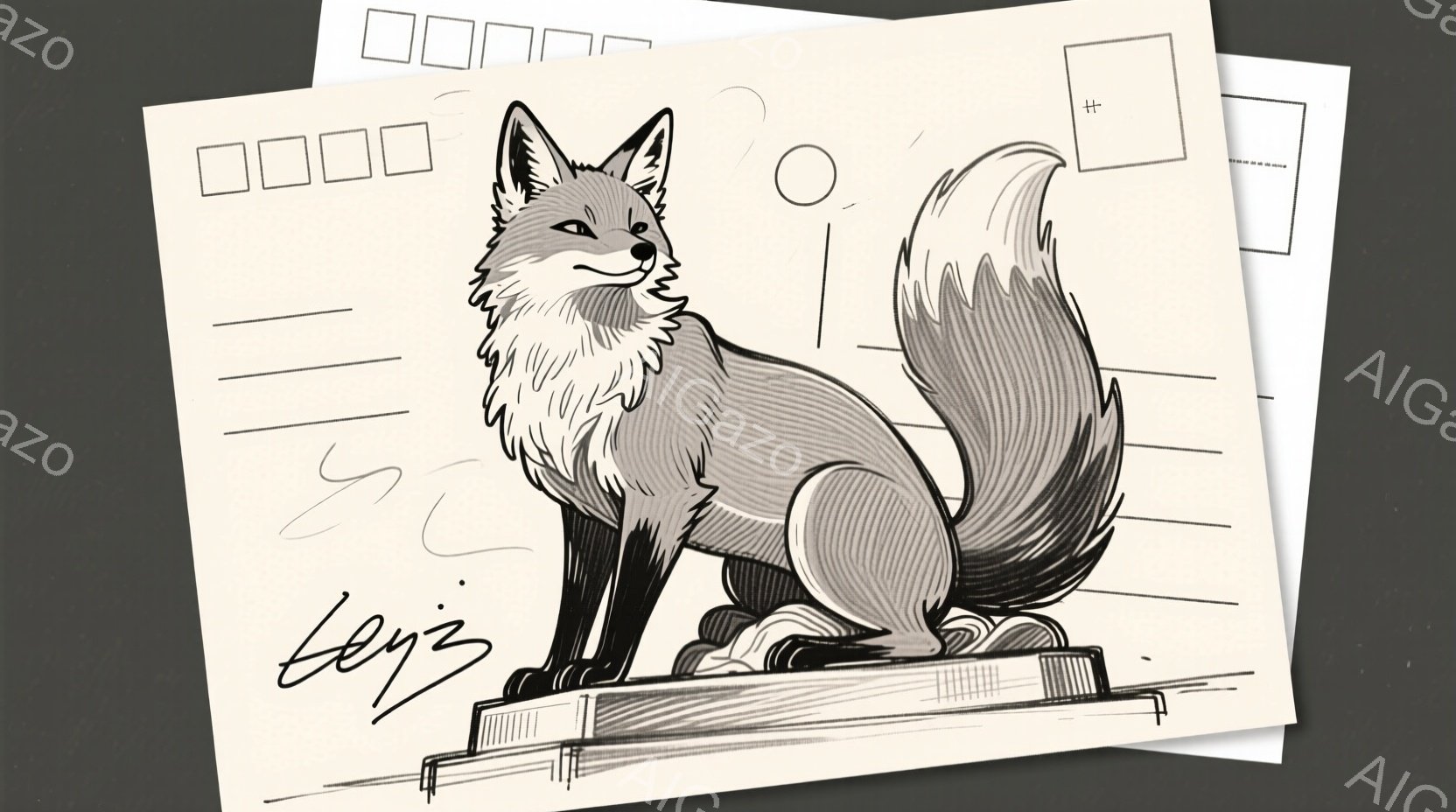 灰色のスケッチ調のイラストで、彫像のようなキツネが描かれています。キツネは台座の上に立ち、誇らしげに横を向いています。背景には、郵便はがきのようなものが重なり、全体的にクラシックで落ち着いた雰囲気を醸し出しています。