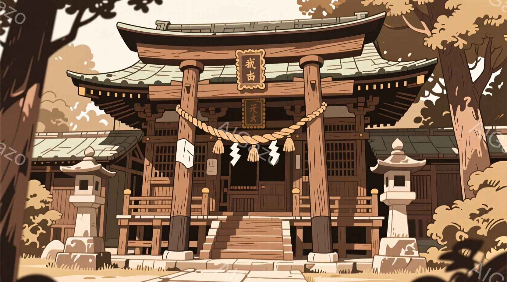 古い寺院の入り口が描かれており、木製の柱と屋根が特徴的です。しめ縄が飾られ、両脇には石灯籠が置かれ、静かで厳かな雰囲気を醸し出しています。背景には緑豊かな木々があり、穏やかな日差しが寺院を照らしています。