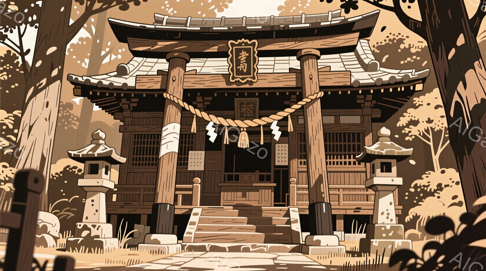 古風な神社の絵で、木製の鳥居と本殿が描かれています。鳥居には「守」という文字が書かれた掛け軸が飾られ、本殿の前に石段が伸びています。背景には緑豊かな木々が生い茂り、全体的に静かで神聖な雰囲気が漂っています。