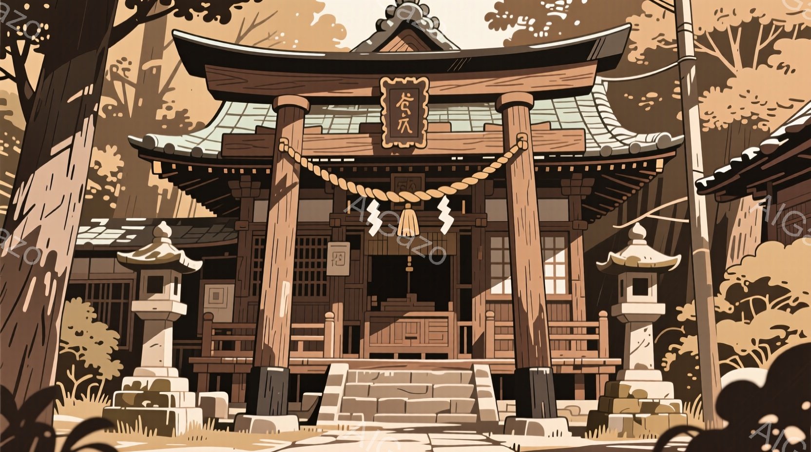 古い寺院の鳥居が描かれており、木造建築で、苔むした石段と提灯が配置されています。背景には緑豊かな木々が生い茂り、全体的に静かで厳かな雰囲気が漂っています。鳥居の上には飾り紐が張られ、寺院の荘厳さを強調 - AI生成フリー素材