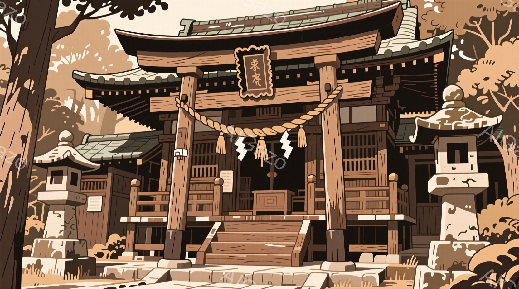 神社または寺院の入り口を描いたイラストレーションです。太い柱で支えられた屋根は、複雑な模様で装飾され、中央には「御霊」と書かれた木札が下がっています。周りには石灯籠や緑豊かな木々が描かれ、静かで神聖な雰囲気が漂っています。