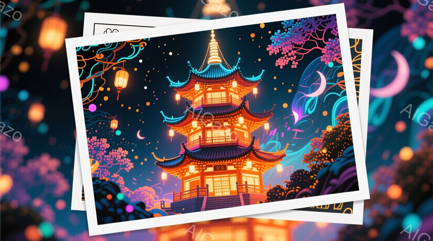 鮮やかなピンクと紫色の背景に、壮大な木造の塔がそびえ立っている。塔は複雑な装飾が施され、多くの階層を持ち、夜空に照らされている。背景には桜の木々と、月と星が散りばめられ、幻想的で神秘的な雰囲気を醸し出 - AI生成フリー素材