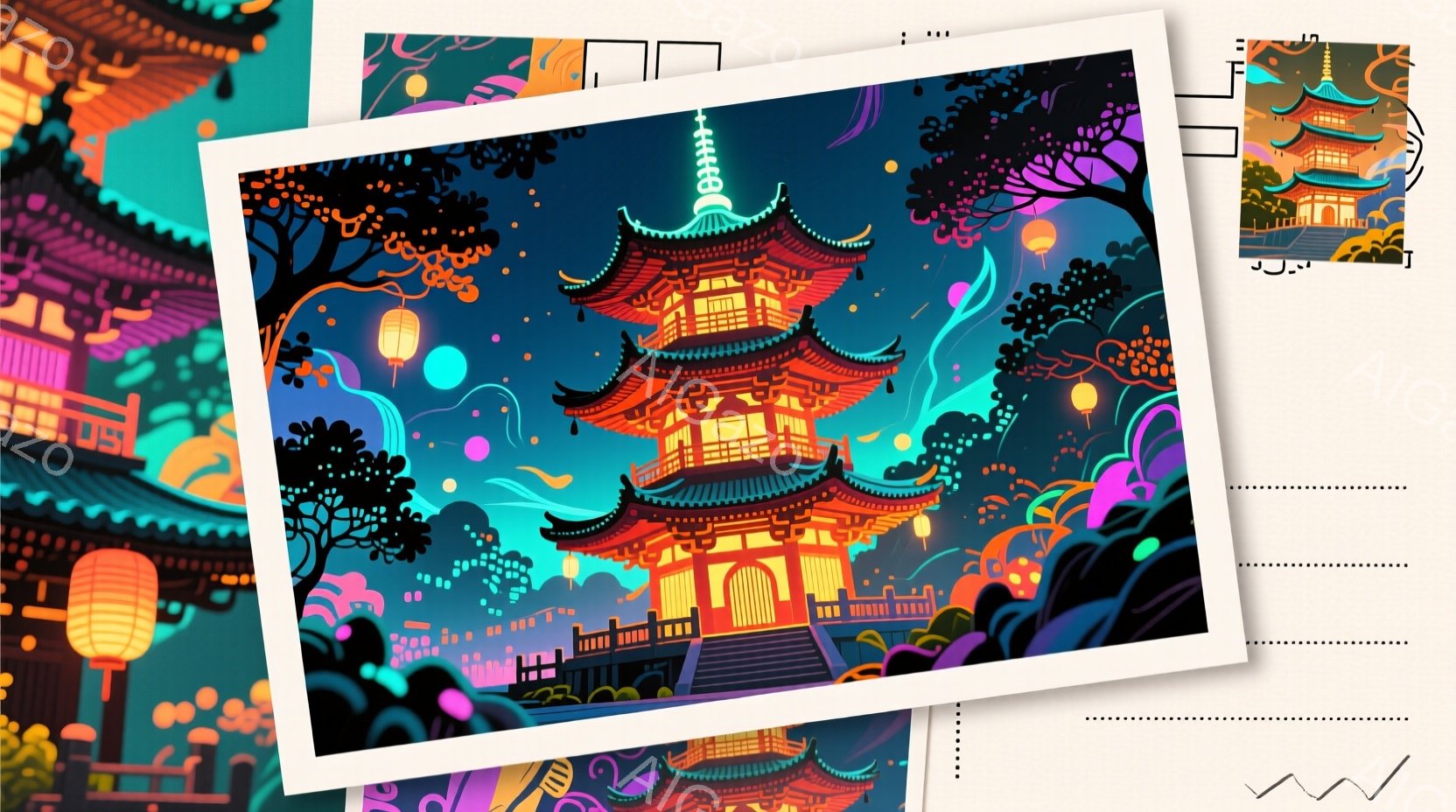 鮮やかな色彩で描かれた五重塔が、夜の風景の中に浮かび上がっています。塔は赤と茶色を基調とし、緑豊かな木々と、空中に浮かぶ色とりどりの提灯によって彩られています。全体的に幻想的で、穏やかな雰囲気のイラストです。