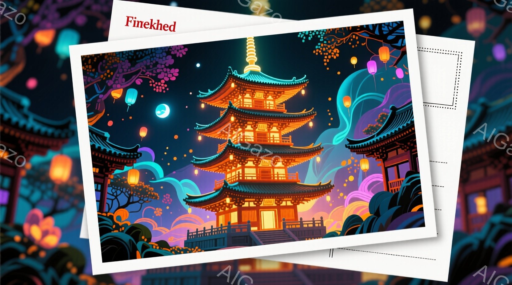 鮮やかな色彩で描かれた寺院が、幻想的な夜空を背景にそびえ立っている。寺院の周囲には、ピンクや紫色の雲が漂い、無数の提灯が空を彩り、夜の静けさと神秘的な雰囲気を醸し出している。寺院の複雑な構造と、周囲の - AI生成フリー素材