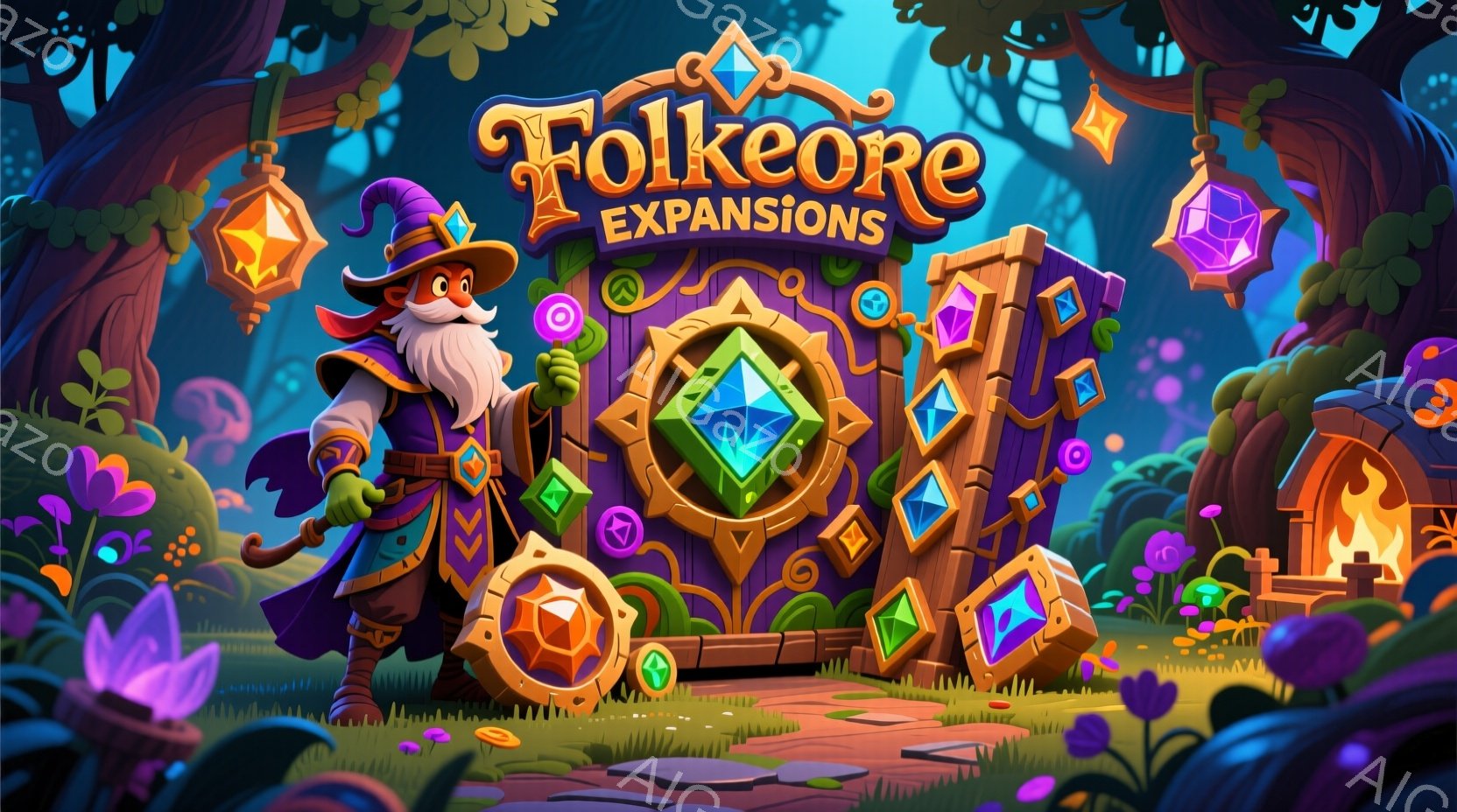 白髭の魔法使いが、緑色の宝石が埋め込まれたアーチ型の門の前に立っている。彼は紫色と茶色の衣装を身につけ、緑色の帯で締め、両手で杖を持っている。背景には、奇妙な形の建物、紫色の花、そして空には光るオブジ - AI生成フリー素材