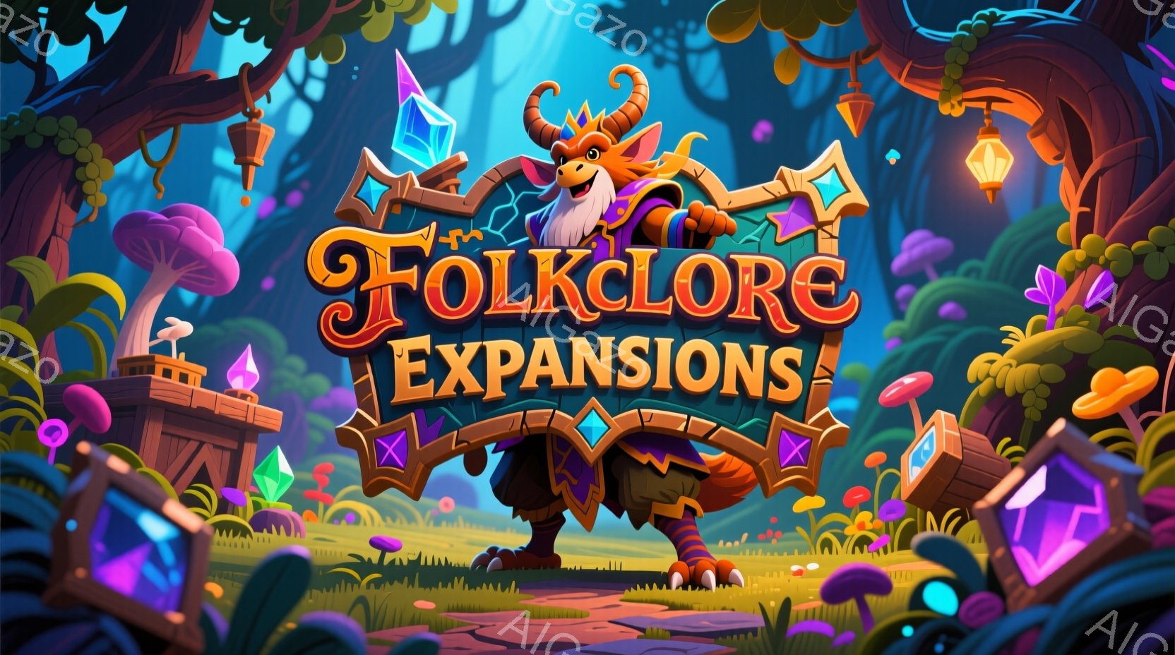 鮮やかなファンタジー世界を背景に、角と尾を持つ緑色のドラゴン風のキャラクターが描かれています。彼は紫色のクリスタルを携え、冒険家風の衣装を身に着け、力強い姿勢で立っています。背景には、カラフルなキノコ - AI生成フリー素材