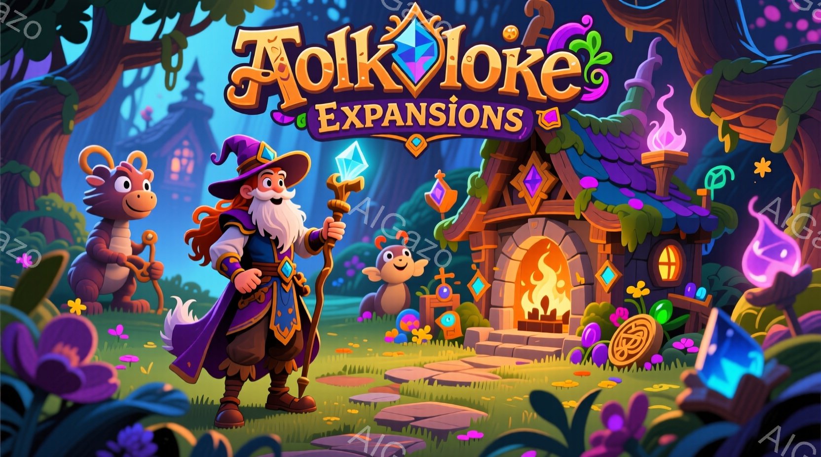 鮮やかな色彩で彩られたファンタジーの世界で、白髭を生やした魔法使いが紫色のローブと赤いベストを身につけ、頭には尖った帽子をかぶっています。彼は杖を握り、自信に満ちた表情で立っており、周囲には可愛らしい猿の姿をした生き物たちがいます。背景には、煙突から煙を上げている趣のある家々や、緑豊かな植物が生い茂る自然が広がっており、魔法と冒険に満ちた活気ある雰囲気が漂っています。