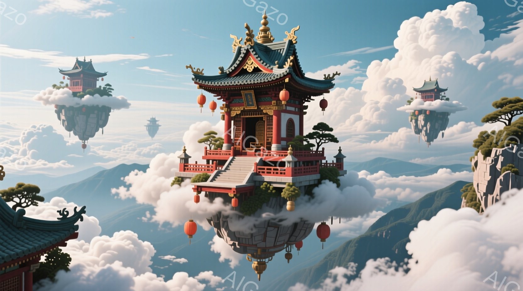 雲の上に浮かぶ鮮やかな赤い寺院が印象的な風景です。寺院は複雑な屋根と装飾が施され、提灯が吊るされ、周囲には緑豊かな木々が生えています。背景には山々が霞んで見え、穏やかで幻想的な雰囲気を醸し出しています - AI生成フリー素材