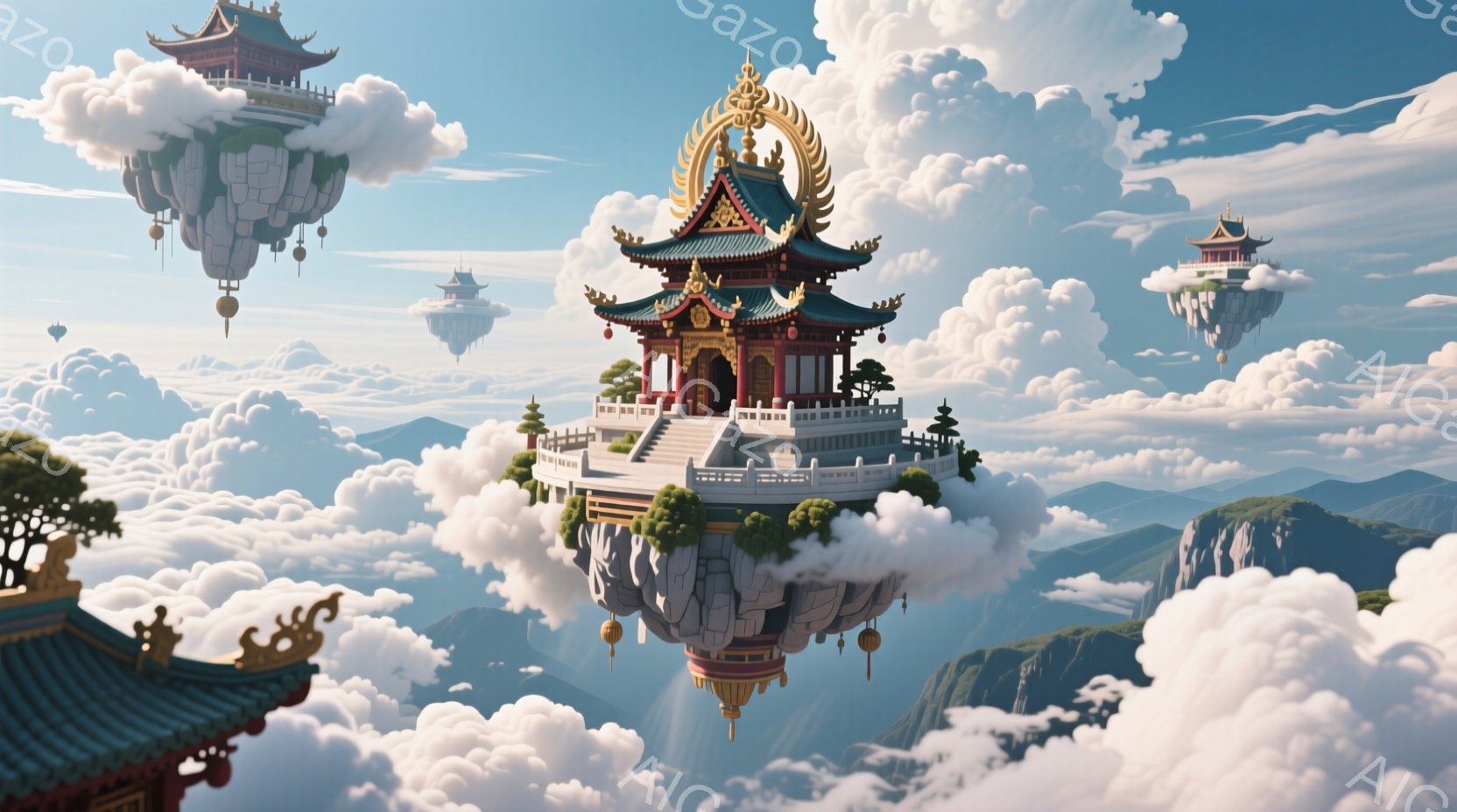 雲海に浮かぶ、壮麗な中国風の寺院が印象的な光景です。寺院は複雑な屋根と精巧な装飾が施され、雲の上に建立された玉座のように堂々としています。背景には山々が霞んで見え、全体的に幻想的で神聖な雰囲気を醸し出しています。