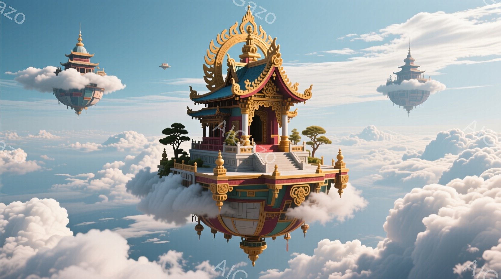 空に浮かぶ幻想的な寺院が印象的な画像です。複雑な装飾が施された寺院は雲の上にあり、周囲には同じような寺院が点在しています。全体的に穏やかで夢幻的な雰囲気が漂い、まるで天国のような景色が広がっています。