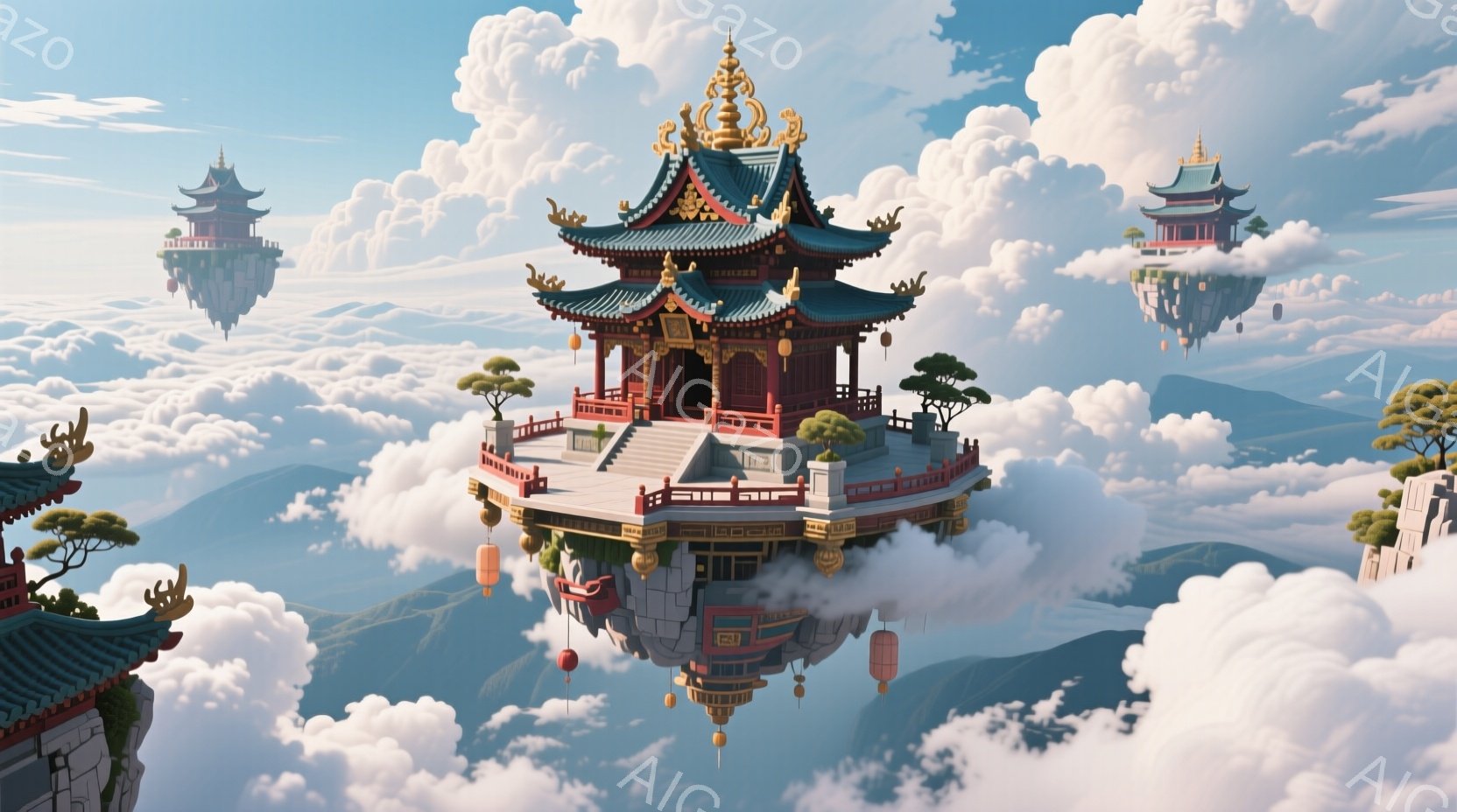 雲海の上に浮かぶ、鮮やかな朱色の寺院が印象的です。寺院は緑と金色の屋根を持ち、繊細な彫刻が施されています。周囲には雲が立ち込め、まるで天国のような幻想的な雰囲気を醸し出しています。