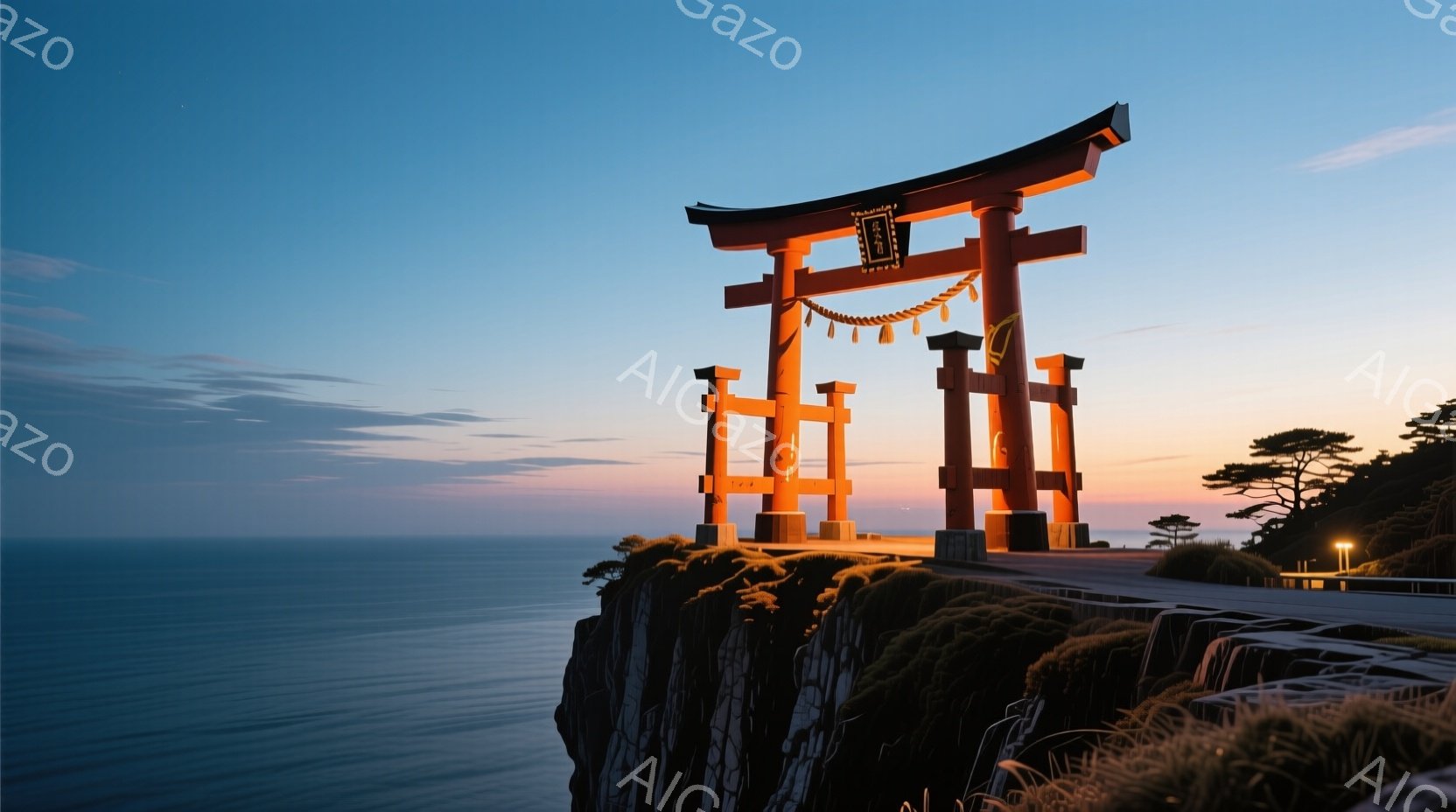 海岸の崖の上に朱色の鳥居が立っている風景です。空は夕暮れ時で、オレンジと青が混ざり合い、穏やかな海面が広がっています。崖には緑色の植物が生い茂り、鳥居の背景には暗い緑の木々が見えます。 - AI生成フリー素材