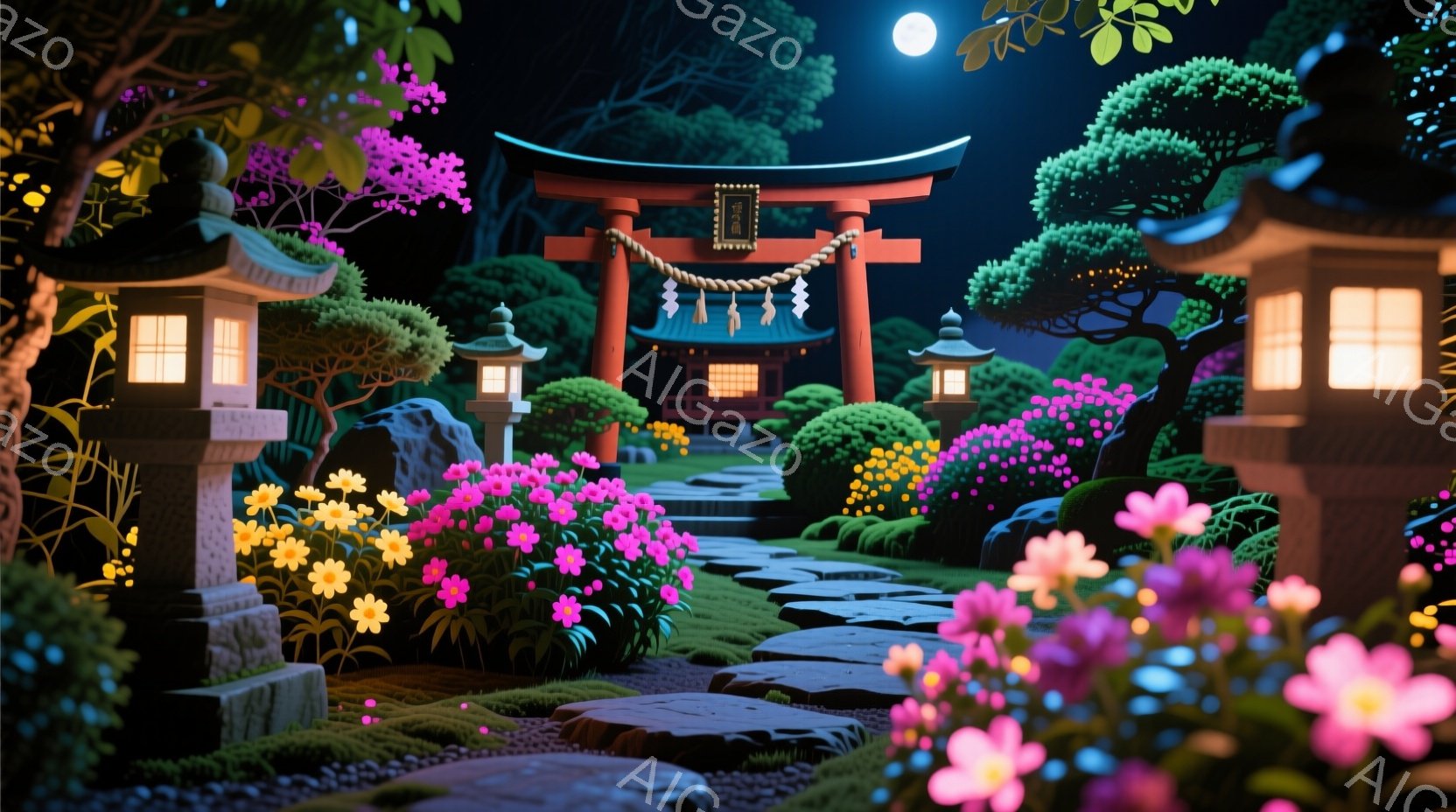 夜の庭園には、鳥居、石灯籠、そして色とりどりの花々が咲き誇っています。石畳の道が鳥居へと続いており、背景には緑豊かな木々が見えます。全体的に幻想的で穏やかな雰囲気が漂い、月明かりが庭園を優しく照らして - AI生成フリー素材