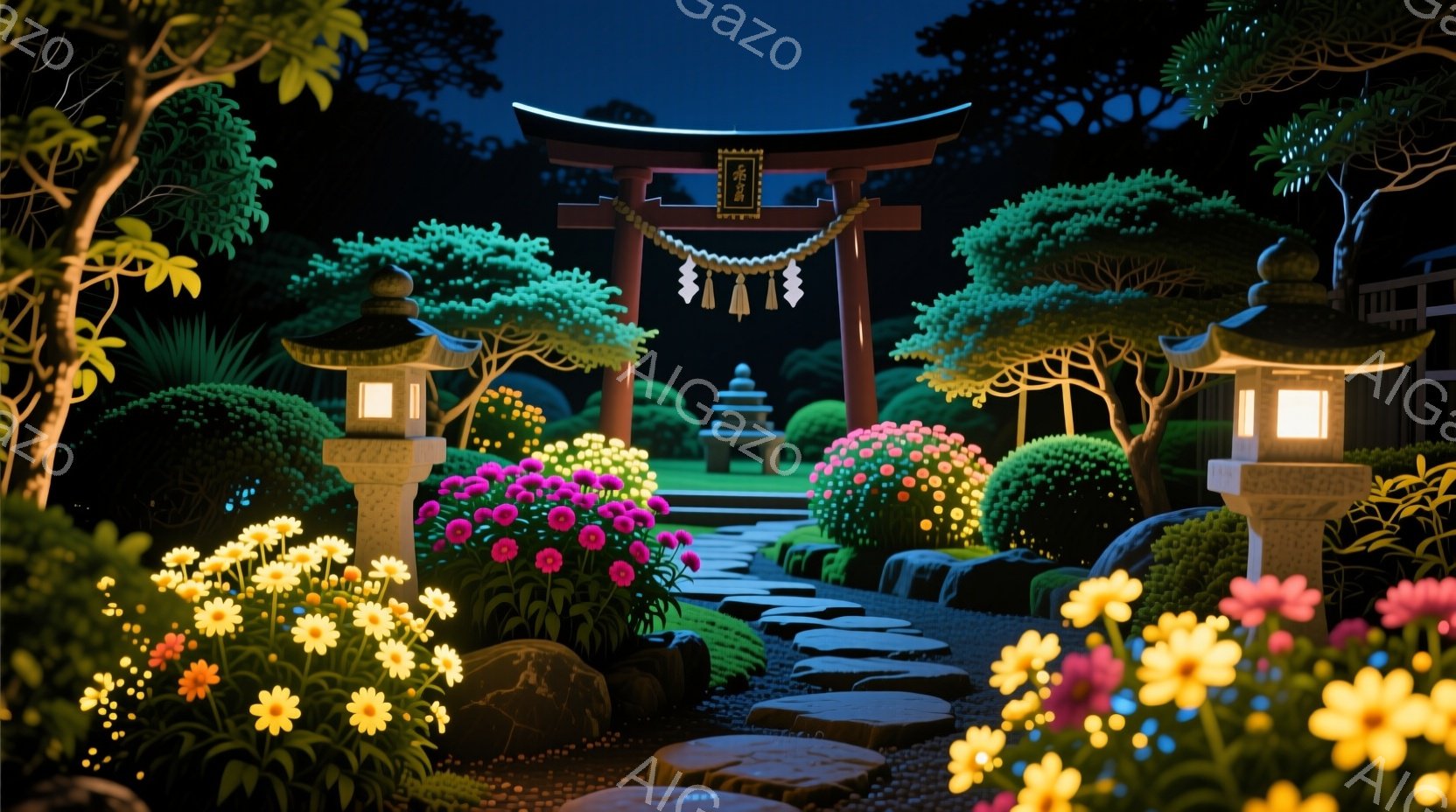 夜の庭園には、石畳の道と、両側に咲き乱れるピンクと黄色の花々が広がっています。鳥居がライトアップされ、その背後には緑豊かな庭園と、ぼんやりと見える建物が見えます。全体的に、静かで幻想的な雰囲気で、まる - AI生成フリー素材