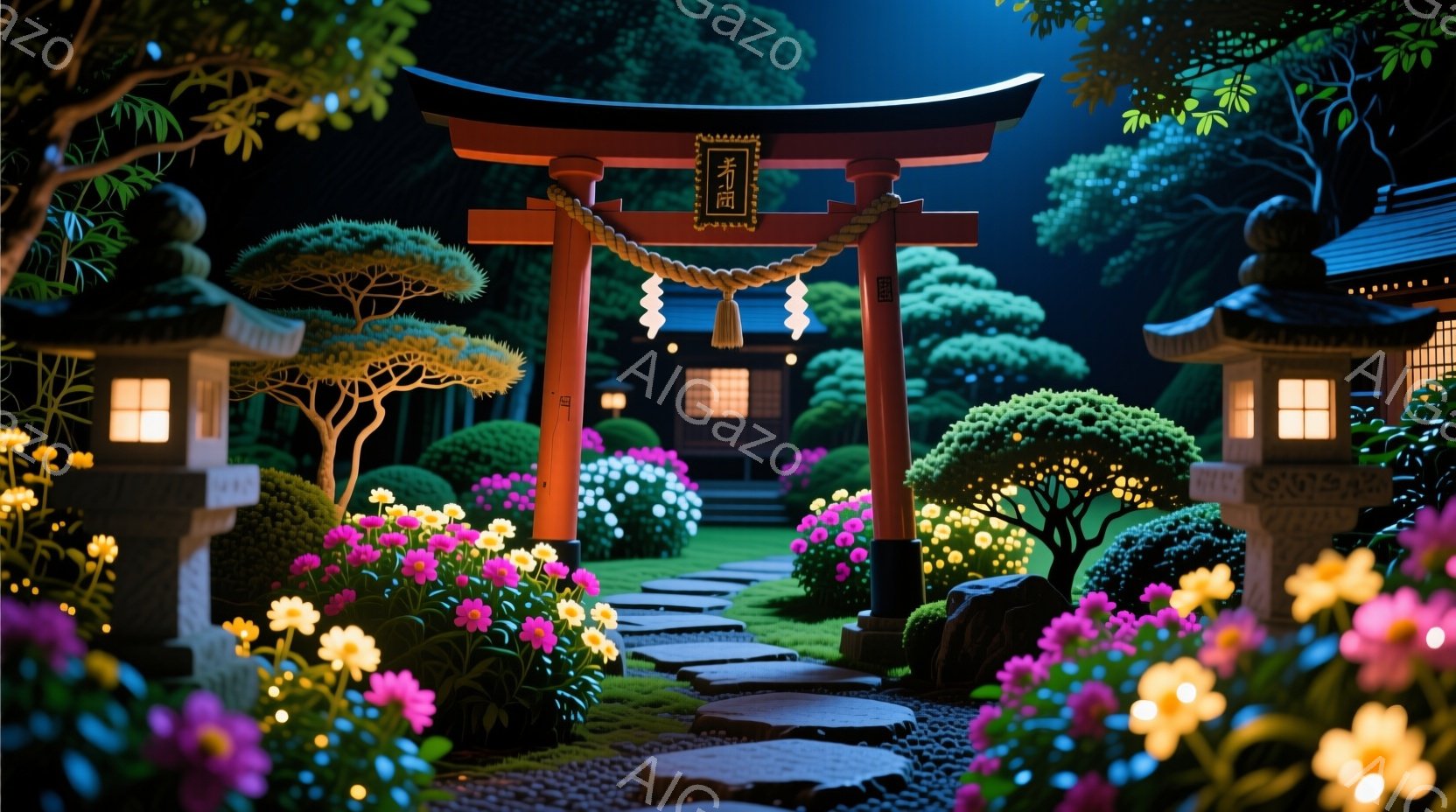夜の庭園には、鮮やかな朱色の鳥居が印象的に立っており、その両脇には石灯籠が灯りをともしている。手入れの行き届いた芝生と色とりどりの花々が咲き乱れ、まるで夢のような幻想的な雰囲気を醸し出している。夜空は - AI生成フリー素材