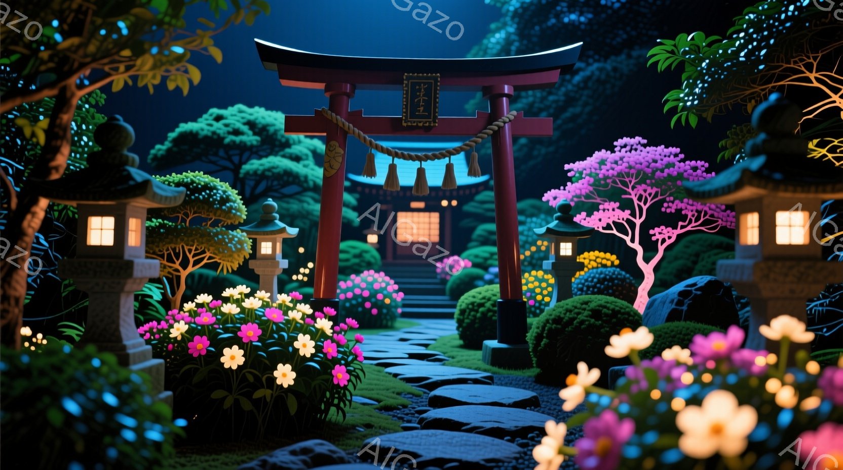 深紅色の鳥居が、手入れの行き届いた庭園の入り口にそびえ立っています。左右には提灯が灯り、庭園の奥には穏やかな光を放つ建物が見え、周囲には花々が咲き乱れ、手入れされた緑が広がっています。全体として、静か - AI生成フリー素材