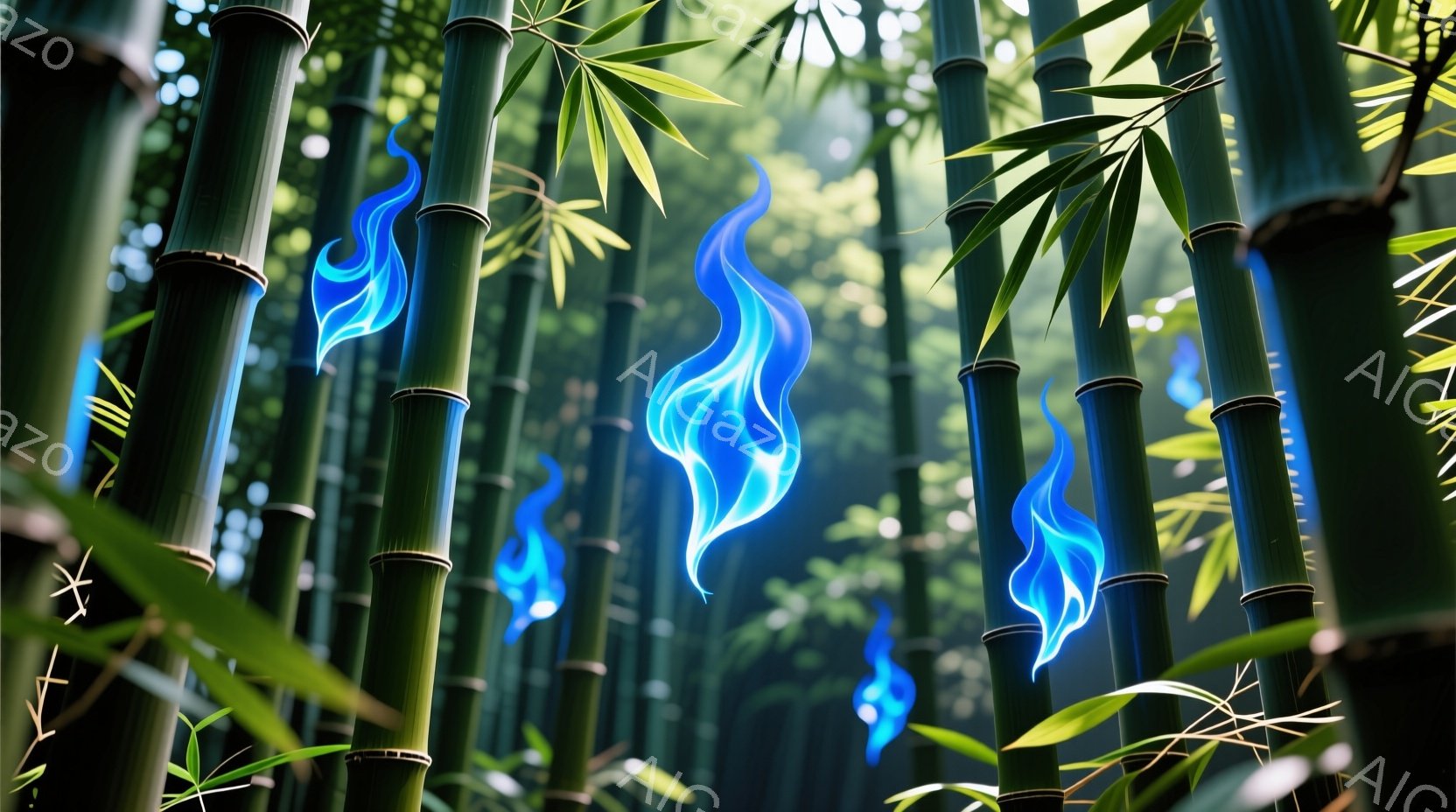 鮮やかな緑色の竹林が広がり、所々に青く光る炎が漂っている。炎は竹の間に点在し、神秘的な雰囲気を醸し出している。全体的に光と影のコントラストが強く、幻想的で美しい風景が広がっている。 - AI生成フリー素材