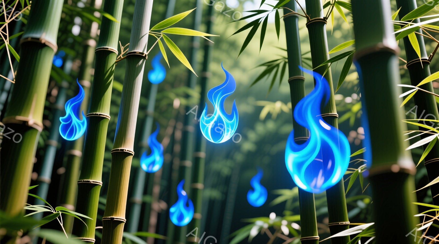 鮮やかな緑色の竹林が広がり、その中に青い炎がいくつか浮かんでいます。炎は躍動感があり、まるで生きているかのようです。背景はぼやけており、竹林の奥行きと静寂を強調しています。 - AI生成フリー素材