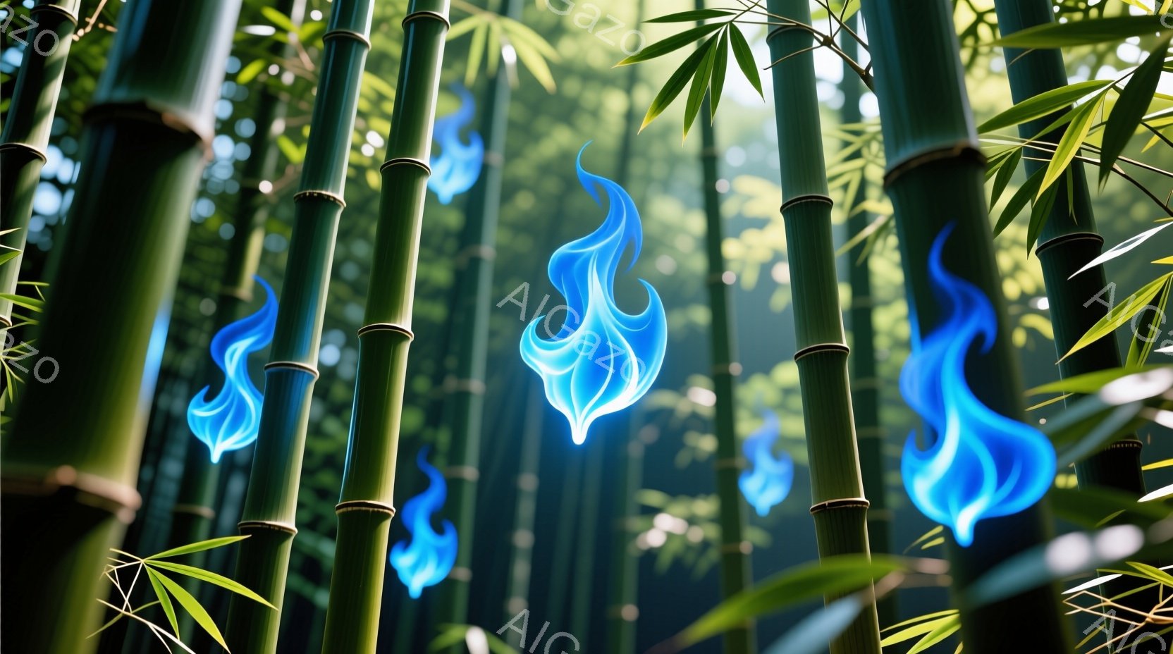 青々とした竹林の中に、青い炎が複数浮かび上がっている様子が描かれている。炎は竹の間に散らばり、幻想的な光を放ち、周囲の緑とコントラストをなしている。背景はさらに深く、緑豊かな竹林が広がり、静かで神秘的 - AI生成フリー素材