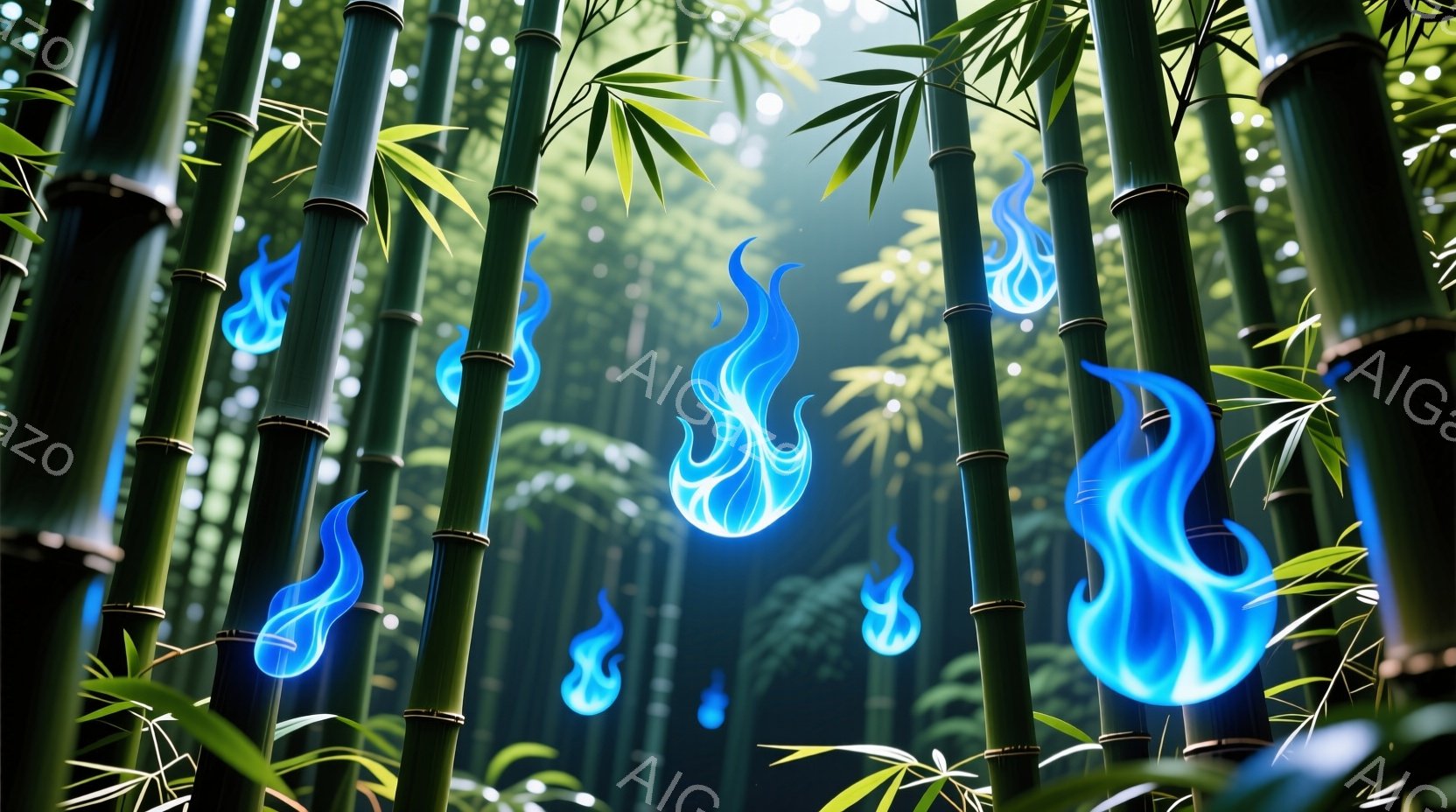 鮮やかな緑色の竹林が広がり、幻想的な青い炎が点在している様子が描かれている。光の粒子が舞い、竹の葉を通して柔らかな光が差し込み、神秘的な雰囲気を醸し出している。竹林の奥はぼやけており、奥行きを感じさせる美しい情景である。