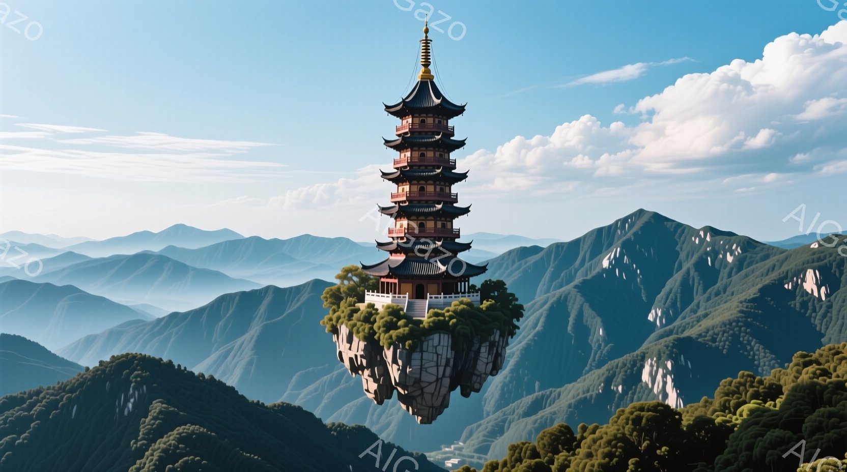 壮大な山々の風景の中に、緑豊かな浮遊島の上に建てられた美しい塔が浮かんでいる。塔は複雑な屋根と鮮やかな色彩を持ち、まるで天空の寺院のような雰囲気である。背景には霞がかった山々が連なり、穏やかで神秘的な - AI生成フリー素材