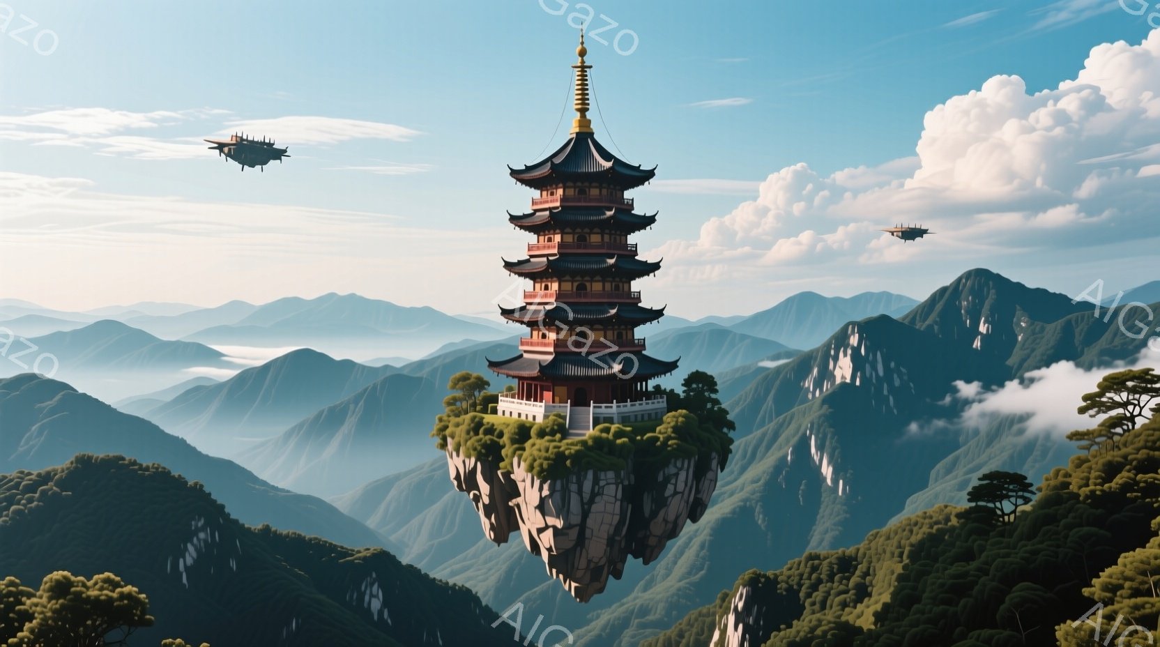 浮遊する岩の上に、壮麗な東アジア風の塔が建っている。周囲には緑豊かな山々が連なり、遠くには雲海が広がっている。空には、未来的デザインの飛行船が浮かび、幻想的で平和な雰囲気を醸し出している。 - AI生成フリー素材