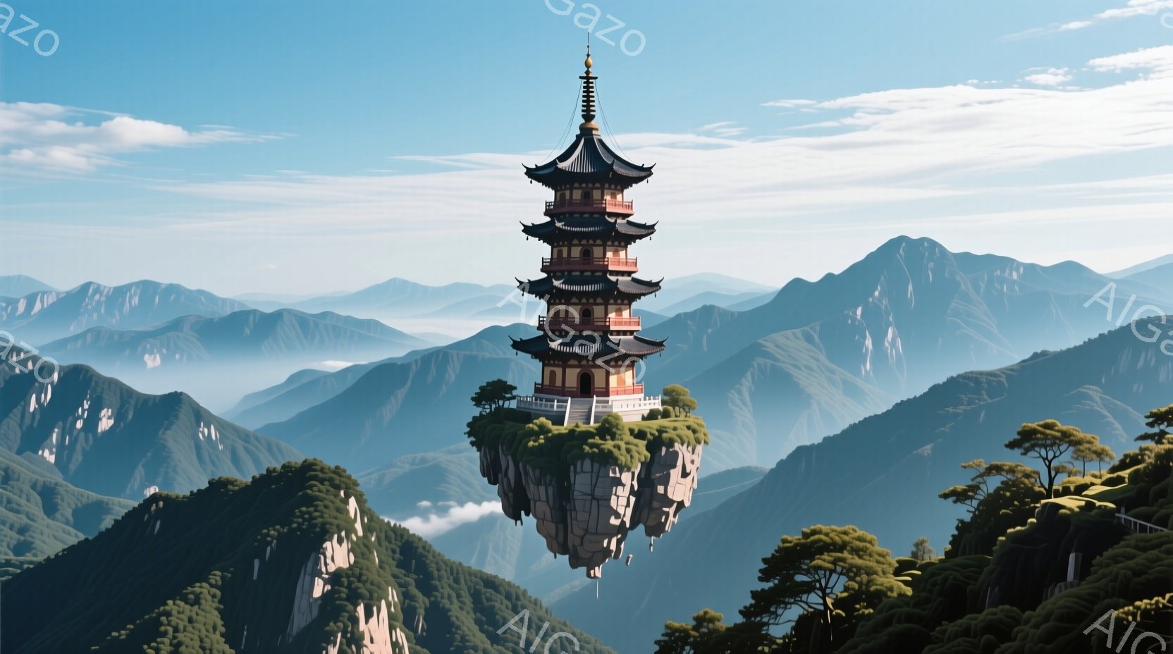 空中に浮かぶ寺院が印象的な光景です。青々とした山々が背景に広がり、寺院の周りには緑豊かな木々が生い茂っています。まるで仙人の住む別世界のような、幻想的で静謐な雰囲気が漂っています。