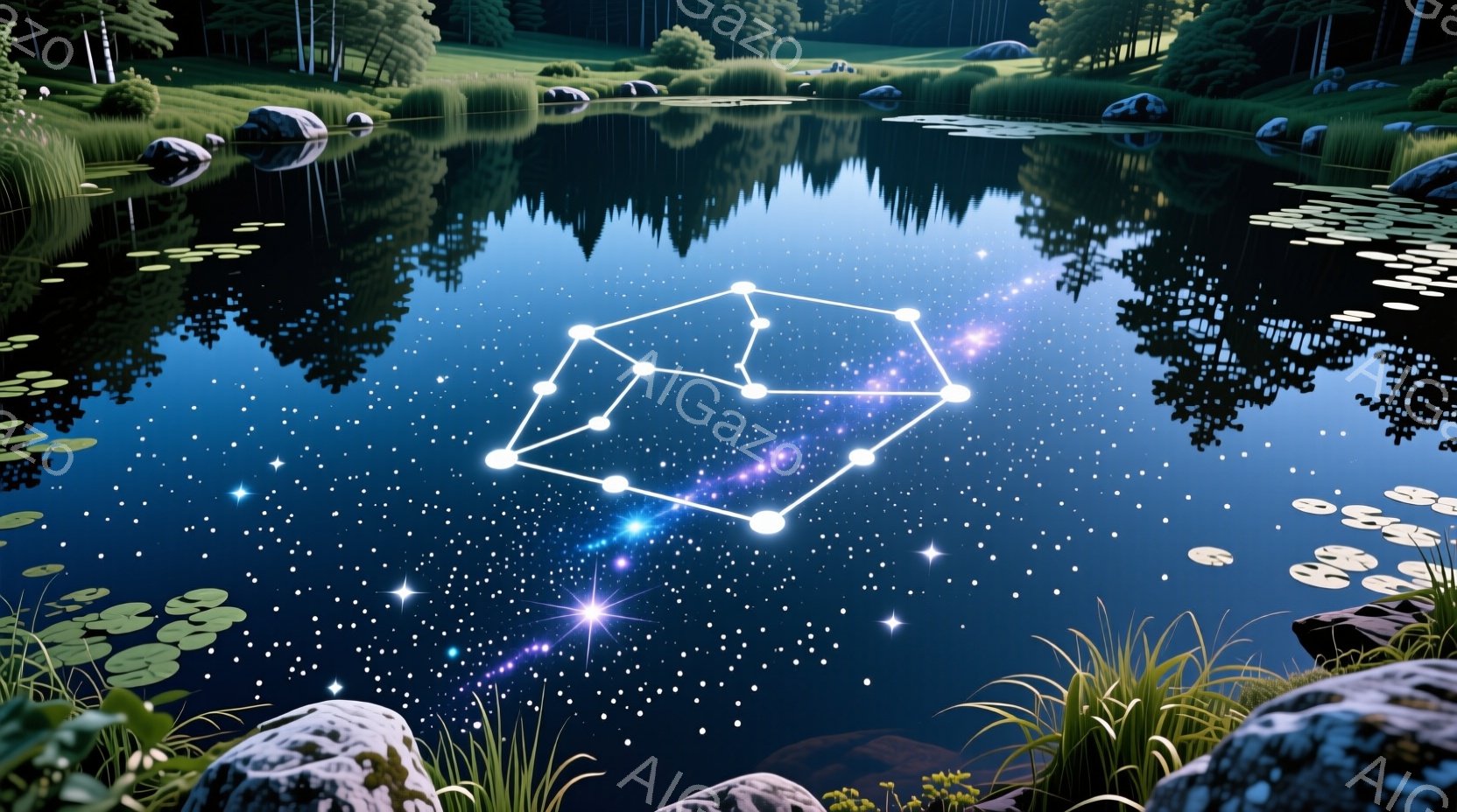 夜空を模したような暗い水面に、白い線で結ばれた多角形が浮かび、内部には銀河のような光が広がっています。水面には無数の星が輝き、周囲には緑豊かな草や岩が配置され、静かで幻想的な雰囲気を醸し出しています。 - AI生成フリー素材