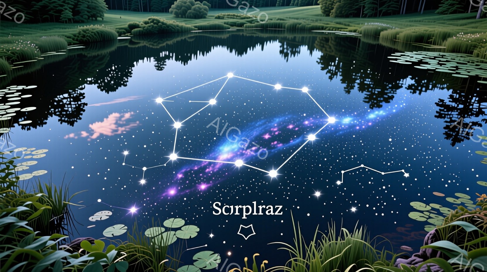 静かな池の水面には、星空と銀河が映し出され、水面に浮かぶ睡蓮の葉と周囲の緑豊かな植物がその美しさを際立たせている。星々は線で結ばれ、星座のような形を作っており、幻想的な雰囲気を醸し出している。全体的に穏やかで平和な情景であり、夜の自然の神秘的な魅力を感じさせる。