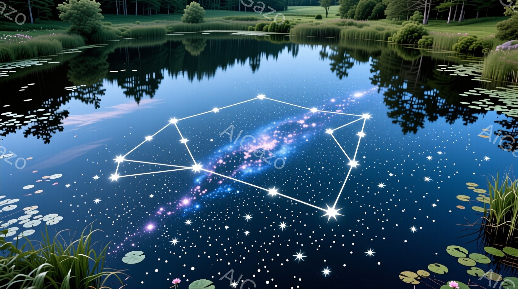 静かな湖面に、銀河を模した光の線が描かれた多角形が浮かんでいる。湖面には無数の星が輝き、水辺には緑豊かな植物が生い茂っている。全体的に幻想的で神秘的な雰囲気が漂い、夜空と水面が一体となったような印象を受ける。