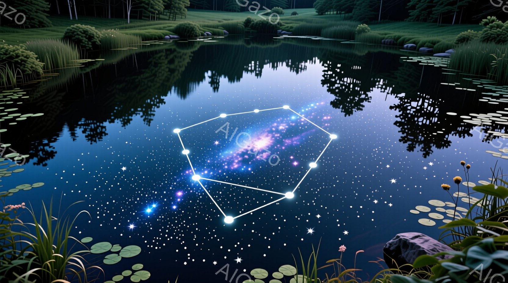 夜空を模した水面に、星々が輝き、銀河が描かれた多角形が浮かんでいる。水辺には緑の植物が生い茂り、岩が点在し、背景には暗い森が広がっている。 全体的に神秘的で幻想的な雰囲気が漂っている。 - AI生成フリー素材