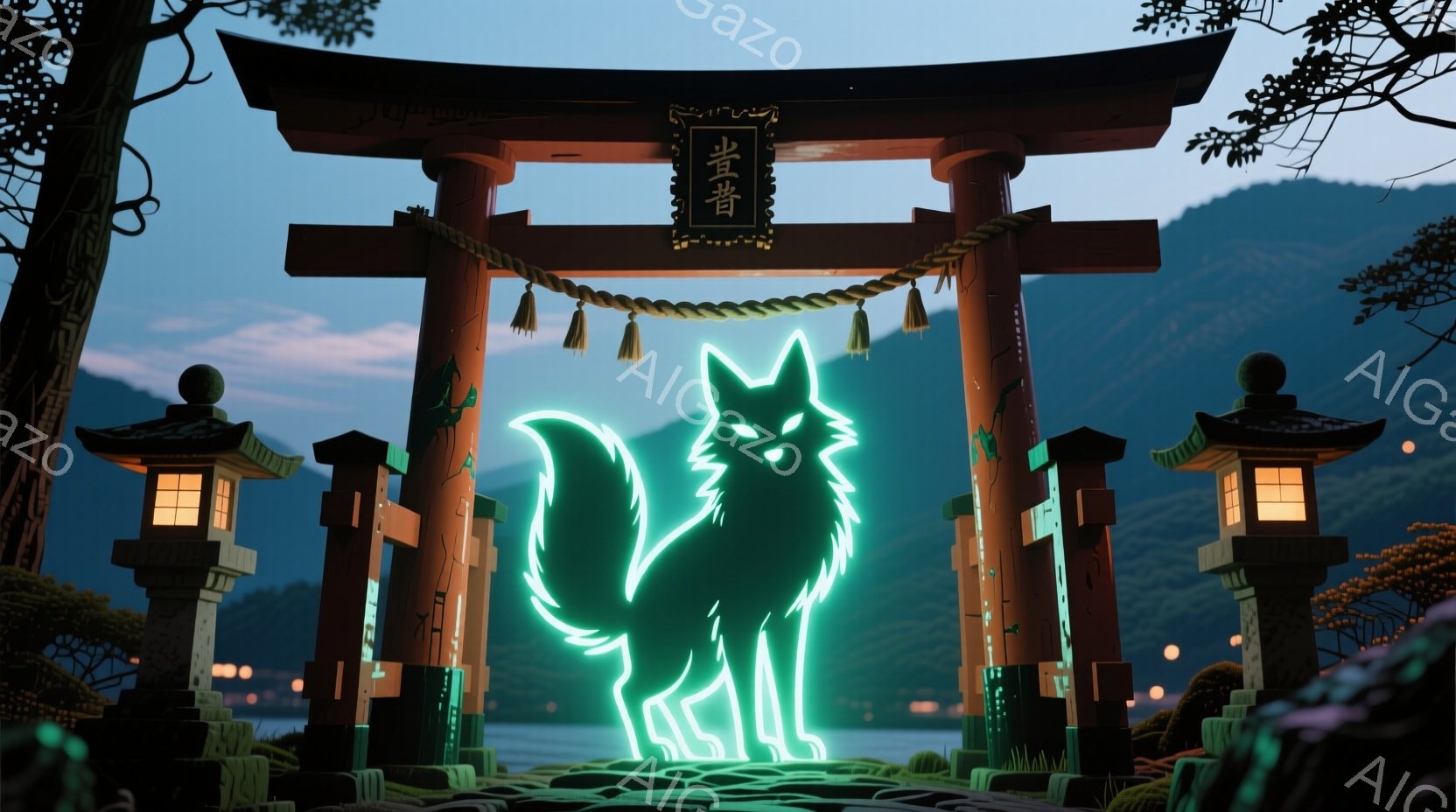 朱色の鳥居が中央に位置し、その中に緑色の光る狐が座っている姿が描かれている。背景には霧がかった山々や石灯籠が並び、静かで神秘的な雰囲気を醸し出している。空は夕暮れの色合いで、全体的に幻想的で幽玄な印象 - AI生成フリー素材
