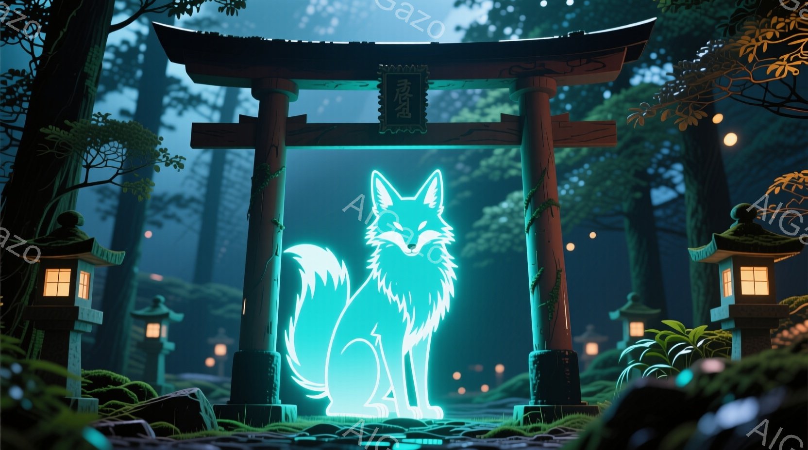 苔むした石畳の道沿いに、鳥居が静かに佇んでいます。鳥居の中央には、青く光る狐が座っており、その姿は神秘的で幻想的な雰囲気を醸し出しています。背景には暗い森が広がり、灯籠の柔らかな光が道を照らし、静寂の - AI生成フリー素材