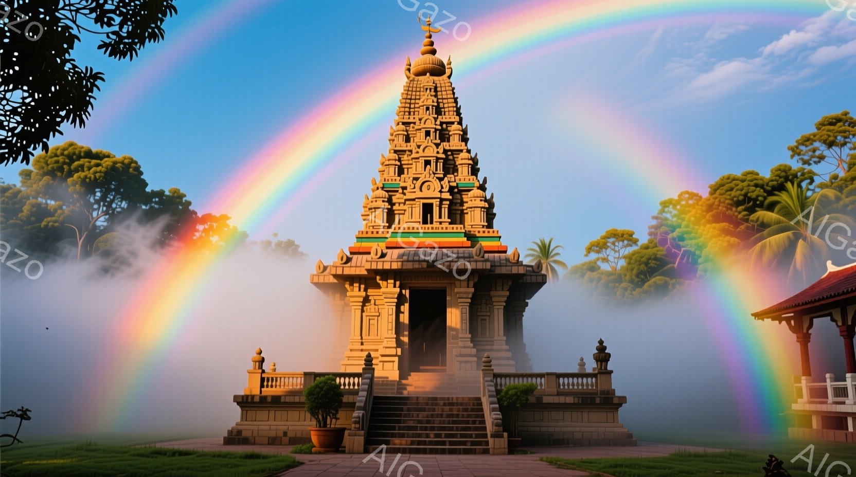 霧が立ち込める緑豊かな風景の中に、壮大な寺院がそびえ立っています。寺院は精巧な彫刻が施され、鮮やかな色彩で彩られ、その構造は複数の層と尖塔を持ち、神聖な雰囲気を醸し出しています。虹が寺院を背景にアーチを描き、幻想的で平和な雰囲気を強調しています。
