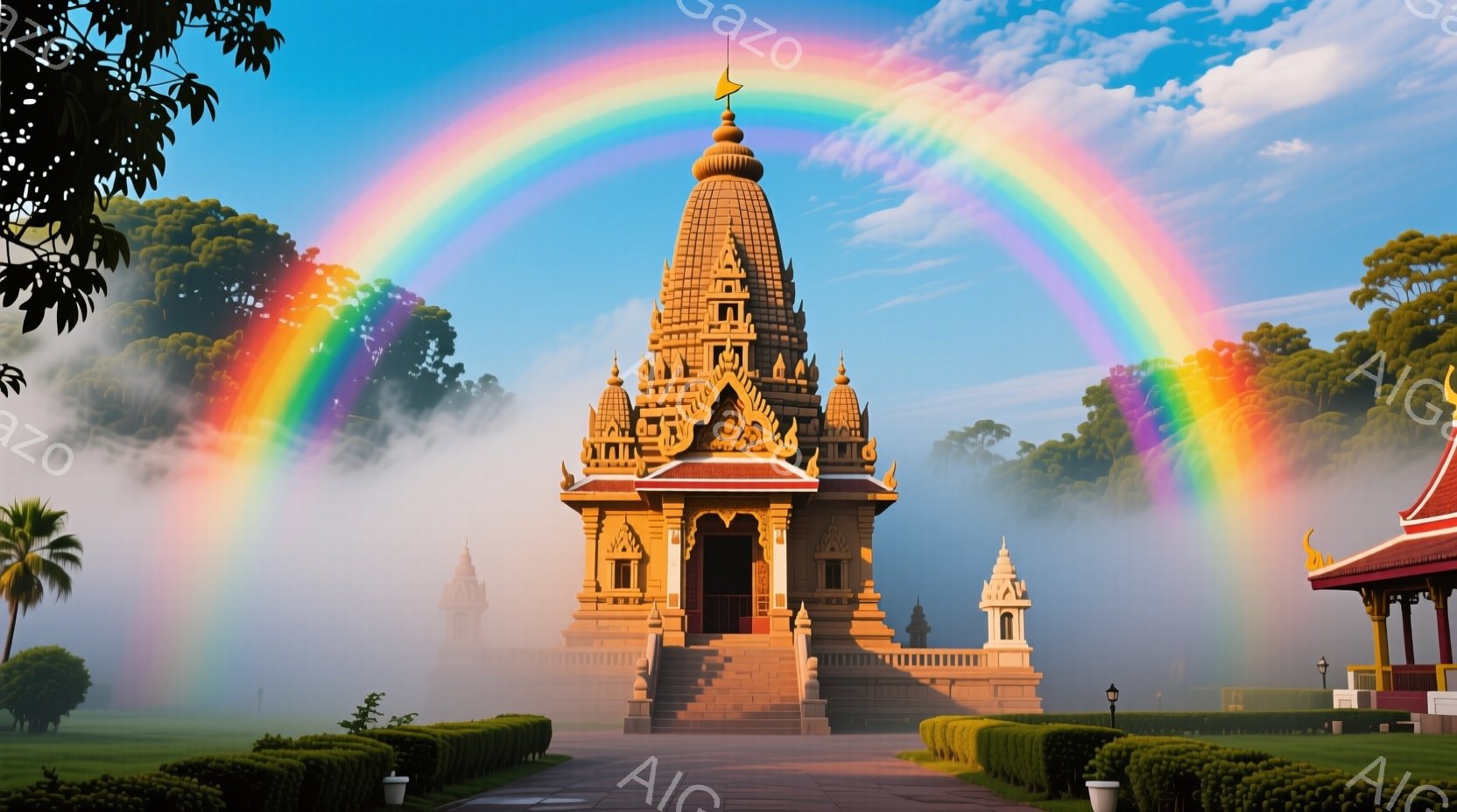 霧が立ち込める緑豊かな風景の中に、精巧な装飾が施された寺院がそびえ立っています。鮮やかな虹が寺院の上空に架かり、神聖で幻想的な雰囲気を醸し出しています。整えられた庭園と低い建物が寺院の周囲を囲み、静寂 - AI生成フリー素材