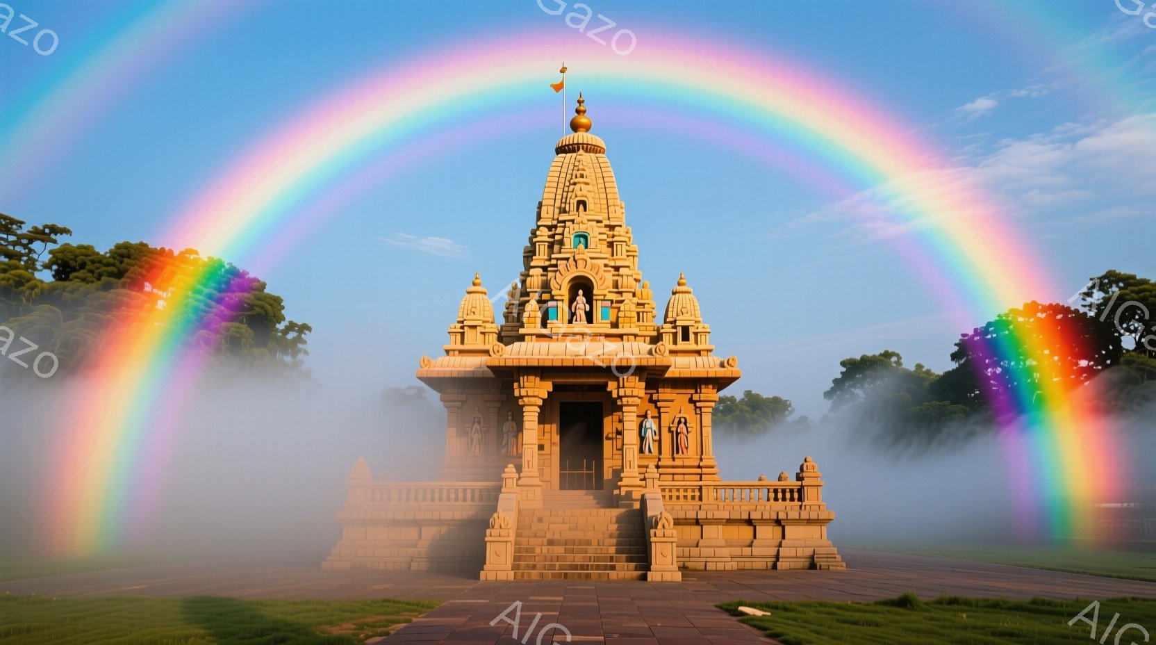 霧に包まれた寺院が、穏やかな朝の光の中でそびえ立っている。寺院は複雑な彫刻と幾重にもなった屋根を持ち、その構造は壮大で美しい。緑豊かな芝生と木々が背景に広がり、静寂と平和な雰囲気を醸し出している。