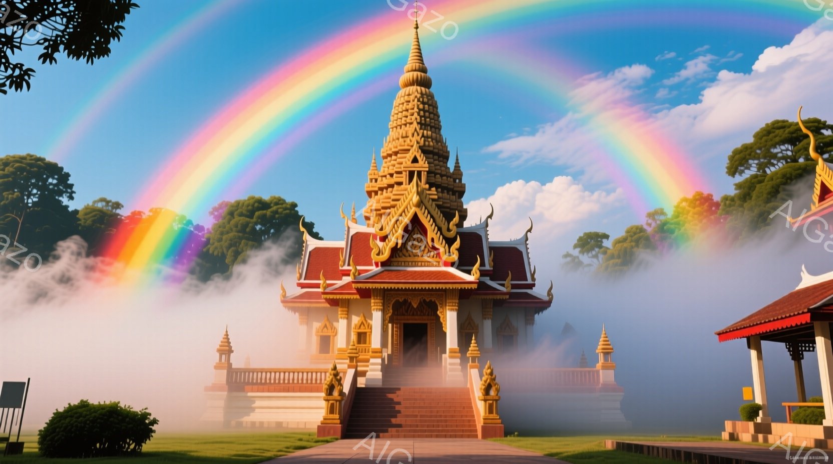 鮮やかな虹が背景に広がり、黄金色に輝くタイ風の寺院が霧の中に浮かび上がっている。寺院は複雑な彫刻が施され、赤い屋根と黄金色の尖塔が印象的である。周囲には緑豊かな木々が茂り、神秘的で荘厳な雰囲気を醸し出している。