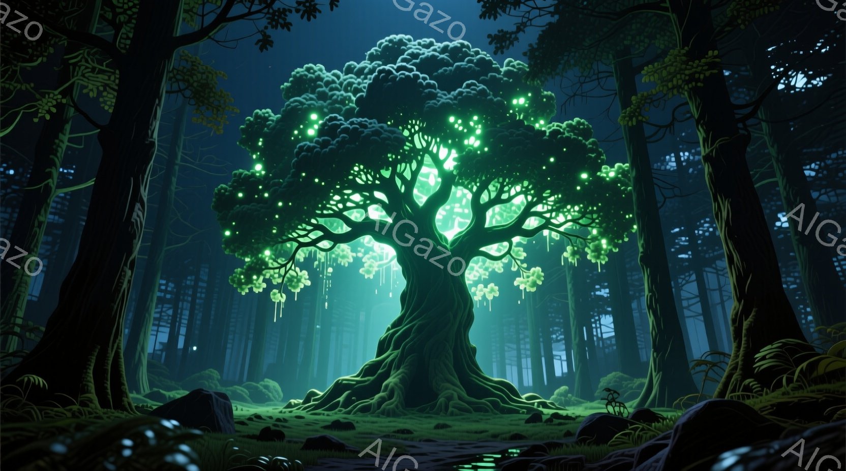 深い森の中に、巨大な緑色の樹木がそびえ立っている。樹木は光を放つ葉で覆われ、根元からは神秘的な光が広がっている。周囲は暗く、岩や茂みが生い茂り、幻想的で静謐な雰囲気を醸し出している。