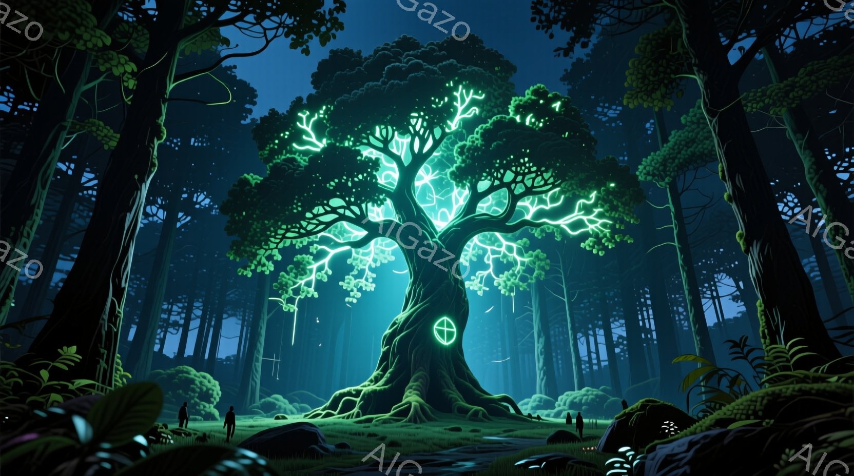 深い森の中に、光り輝く巨大な木がそびえ立っている。木の根元には緑色の光を放つ円形の印が描かれ、その枝はまるで生きているかのように光の筋で覆われている。周囲には数人の人物がおり、暗い影の中で木を見上げている様子が伺える。