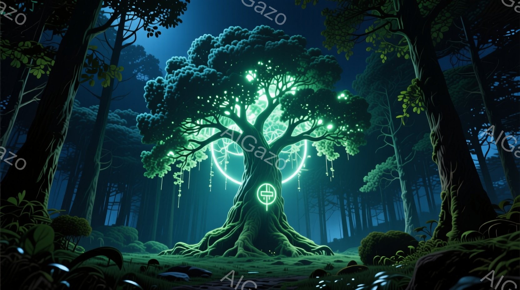 深い森の中に、発光する緑色の象徴が刻まれた巨大な木がそびえ立っています。木の根元は複雑に絡み合い、枝は夜空に向かって伸び、その全体が神秘的な光を放っています。周囲は暗い緑色の植生に覆われ、霧がかった雰囲気の中で、静寂と幻想的な空気が漂っています。