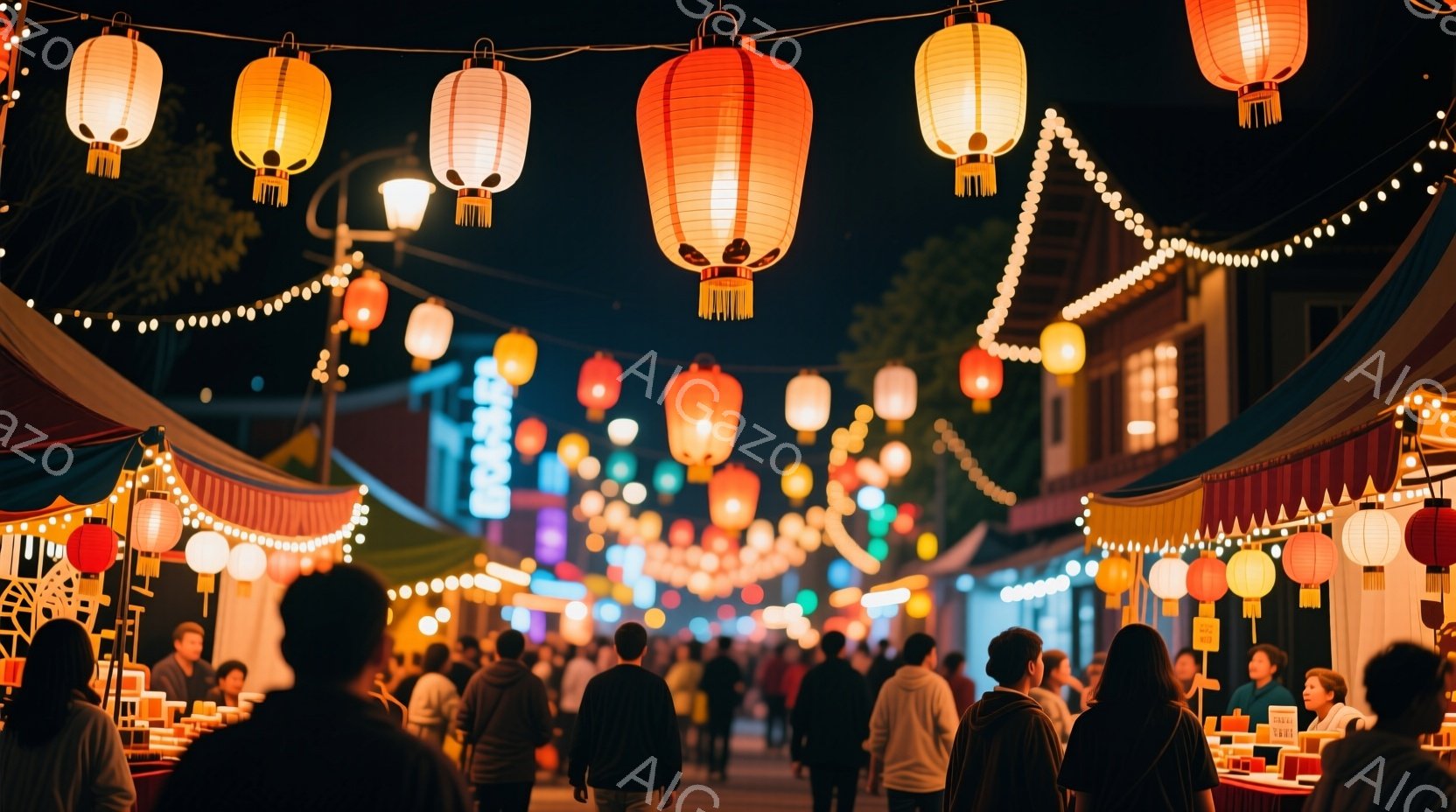 賑やかな夜の市場で、人々が楽しそうに歩き回っています。赤と黄色の提灯が頭上に並び、温かい光で会場を照らし出しています。建物は伝統的な様式で、多くの露店が並び、活気にあふれた雰囲気が伝わってきます。 - AI生成フリー素材