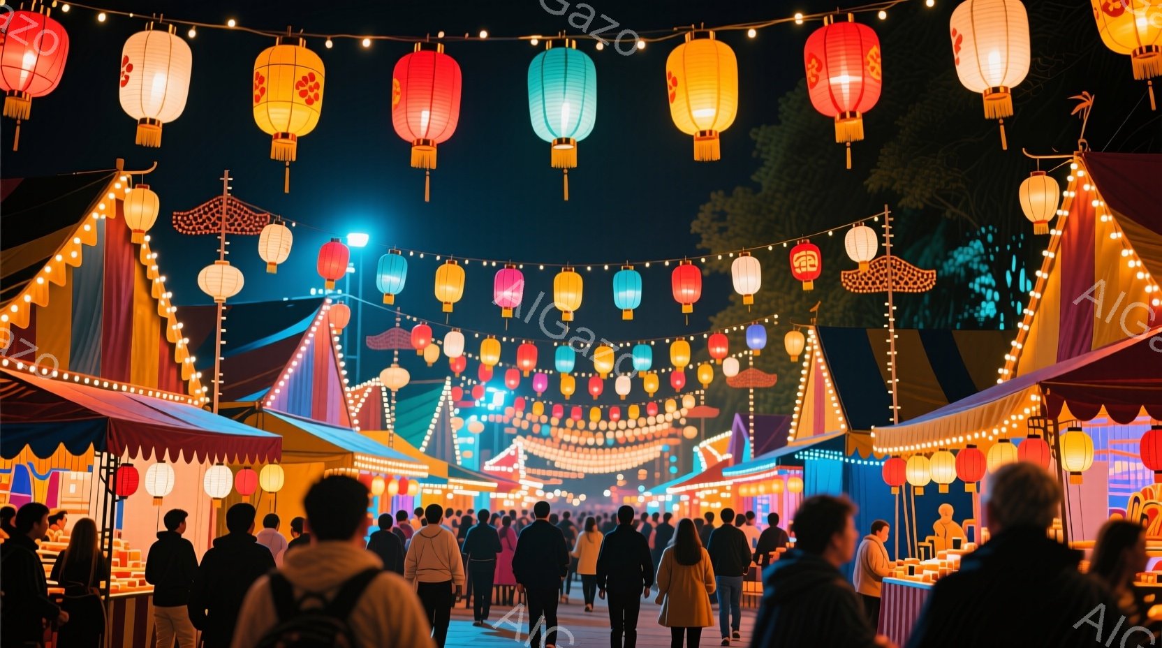 夜の屋台が並ぶ賑やかな祭りの様子が写っている。人々はカジュアルな服装で、様々な方向に歩き回っているが、表情ははっきりと見えない。背景には色とりどりの提灯が飾られ、光が灯り、活気に満ちた雰囲気を醸し出し - AI生成フリー素材