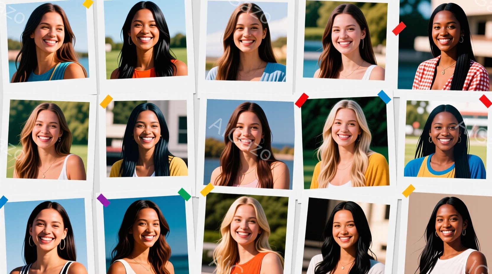 様々な女性のポートレートが、ポラロイド写真のように配置されたコラージュです。女性たちは皆、明るい笑顔を見せ、カジュアルな服装で、リラックスした雰囲気を醸し出しています。背景には建物や自然が見え、全体と - AI生成フリー素材